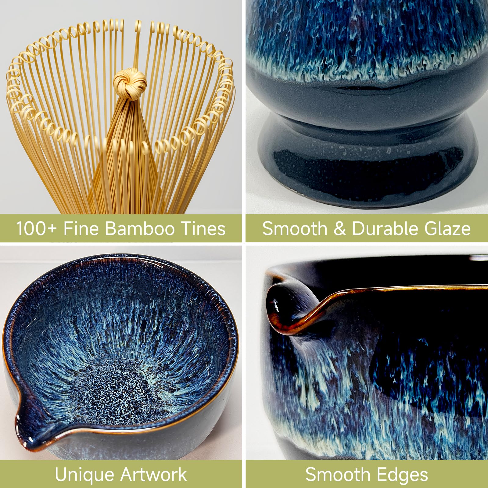 Matcha Whisk Set with Ceramic Bowl - Bamboo Whisk (Chasen), Scoop, Sifter & Holder - Complete Kit for Traditional Matcha Tea - Unique Gifts for Women, Men, Tea Lovers (Luminous-Auric-Sands)