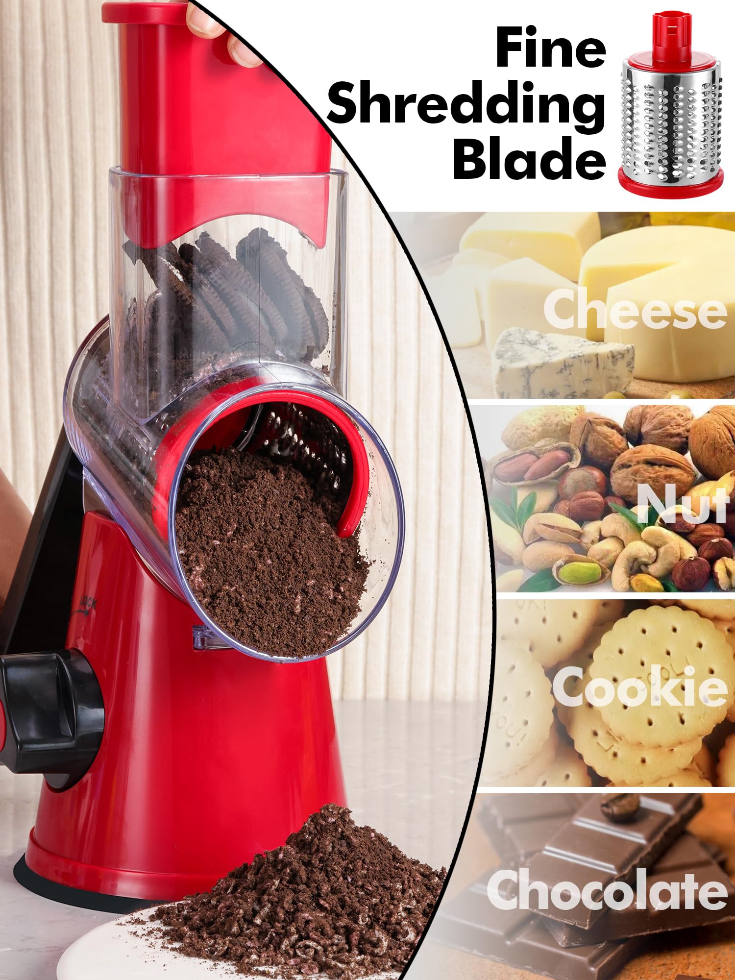 LucGee Rotary Cheese Grater with Handle - 3 in 1 Cheese Shredder Rotary Grater Stainless Steel Handheld, Vegetable Slicer for Fruit, Cheese, Nuts(Red)