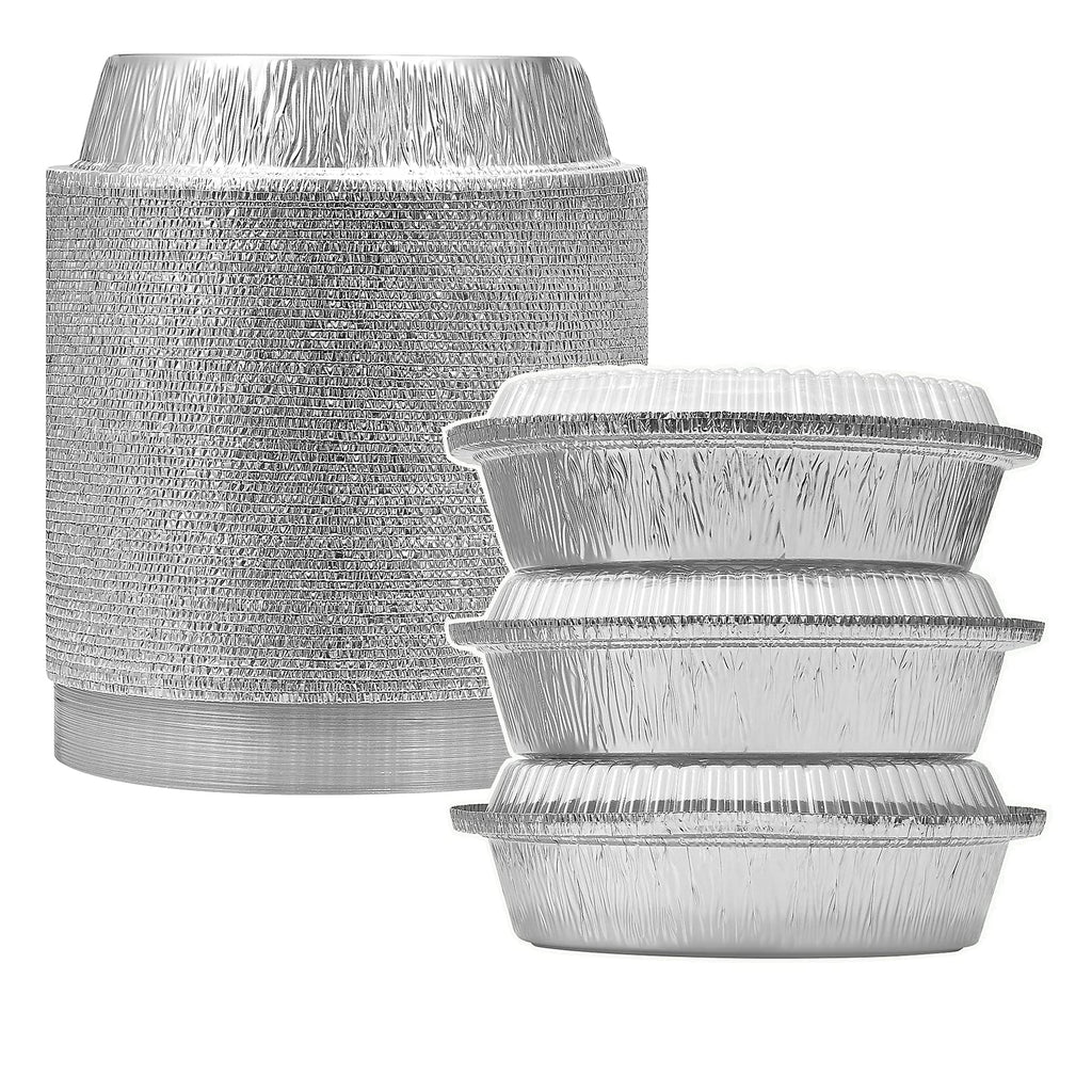 MESTAEK 7 Inch Round Aluminum Foil Pans with Clear Lids, 50 Pack