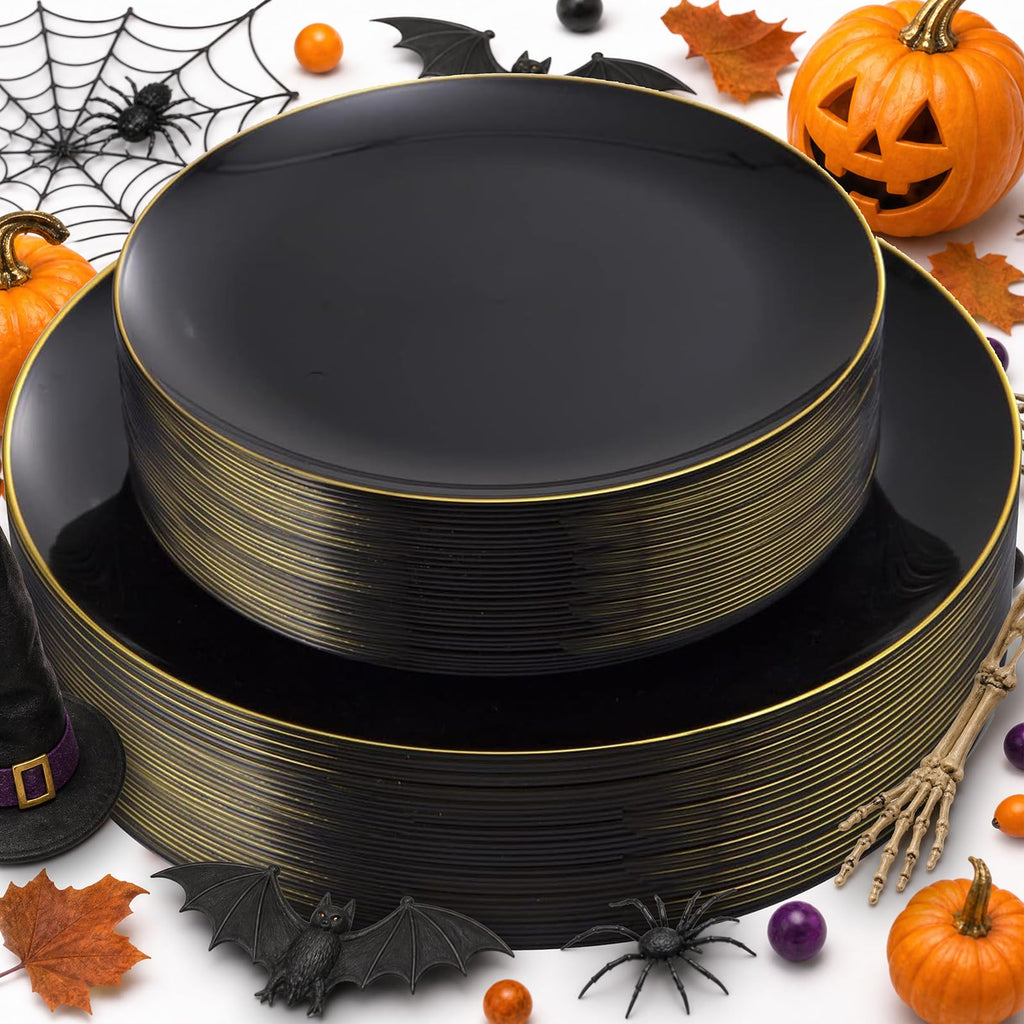 KIRE 60PCS Black Plastic Plates - Black Disposable Plates with Gold Rim - Include 30Pcs 10.25inch for Dinner and 30Pcs 7.5inch for Dessert for Wedding/Graduation/Party/Halloween
