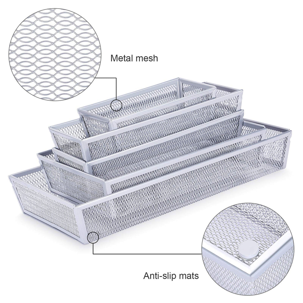 WuGeShop Mesh Silverware Tray Drawer Organizer, Kitchen Utensils Flatware with Anti-slip Mats, Silverware Storage Cutlery Tray for Knives Fork Spoon (5 Separate Compartments, Silver)