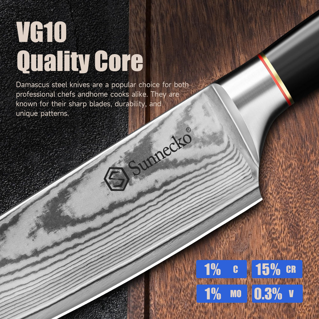 Sunnecko Damascus Knives Set,Japanese VG10 Core Steel Damascus 3PCS Chef Knife Set,Professional Razor Sharp Kitchen Knives Set with Knife Sharpner
