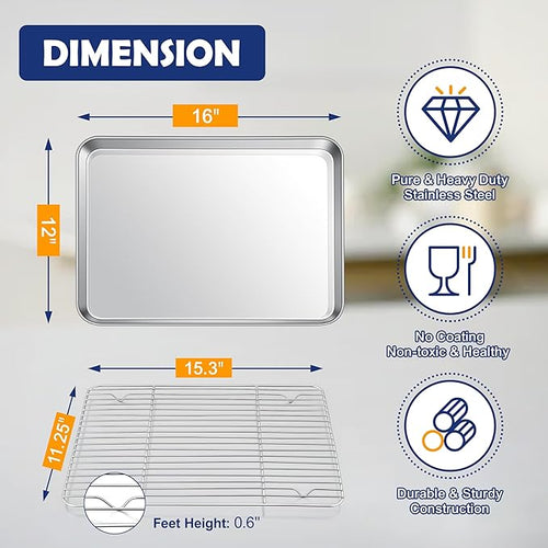 16” Baking Sheet Pan with Rack, Joyfair Stainless Steel Toaster Oven Tray