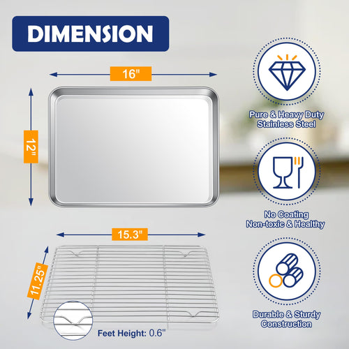 16” Baking Sheet Pan with Rack, Joyfair Stainless Steel Toaster Oven Tray
