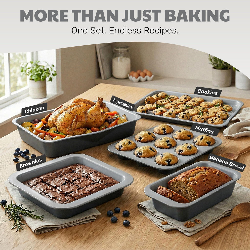 Gotham Steel 6 Pc Stackable Baking Pans Set, 70% Space Saving Design, Ceramic Bakeware Sets Non Toxic Made Without PFOA PFOS, with Cookie Sheet Tray, Cake & Muffin Pans, Oven & Dishwasher Safe