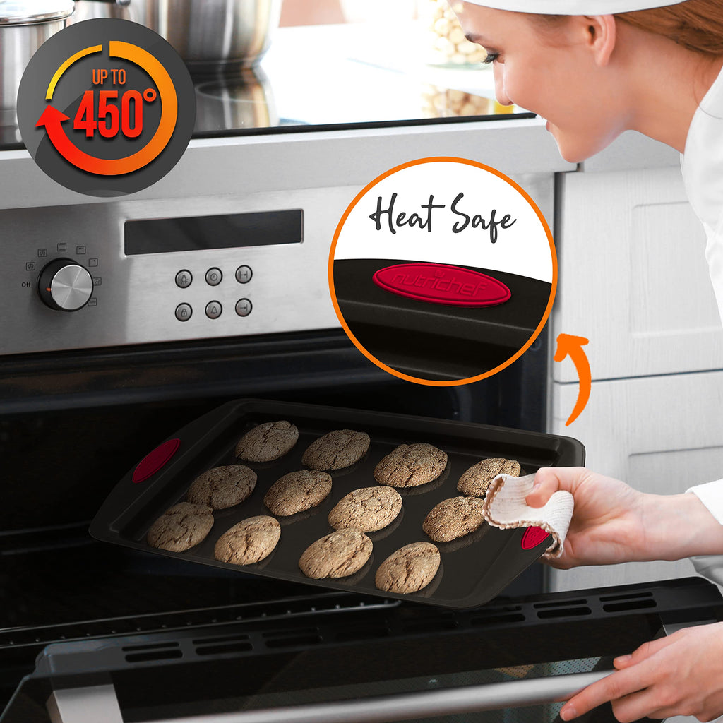 NutriChef 6-Piece Baking Pan Set - Carbon Steel Stackable Bakeware with Red Silicone Handles & Nonstick Coating, Includes Cookie Sheets, Roaster Pan with Lid, Loaf Pan, and 12 Cup Muffin Pan (Black)