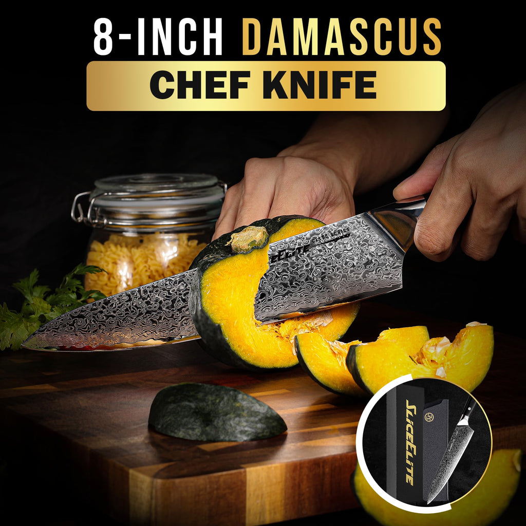 SliceElite Elite Series 8 Inch Chef Knife VG10 Damascus Steel Forged G10 Handle Sharp Kitchen Vegetable Meat Chopper Cutting Cooking Carving Precision Cleaver BBQ Fruit Professional Gift Blade Tool