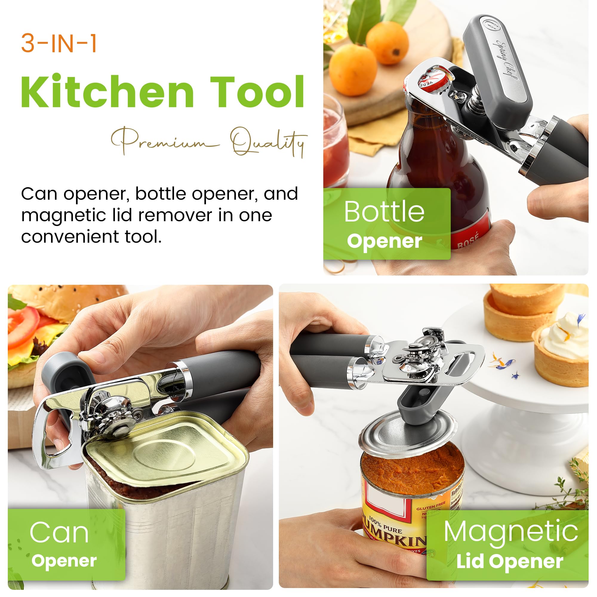 Spring Chef Stainless Steel Manual Can Opener with Magnetic Lid Remover, Easy Turn & Heavy Duty Can Openers for Seniors with Smooth Edge - Graphite