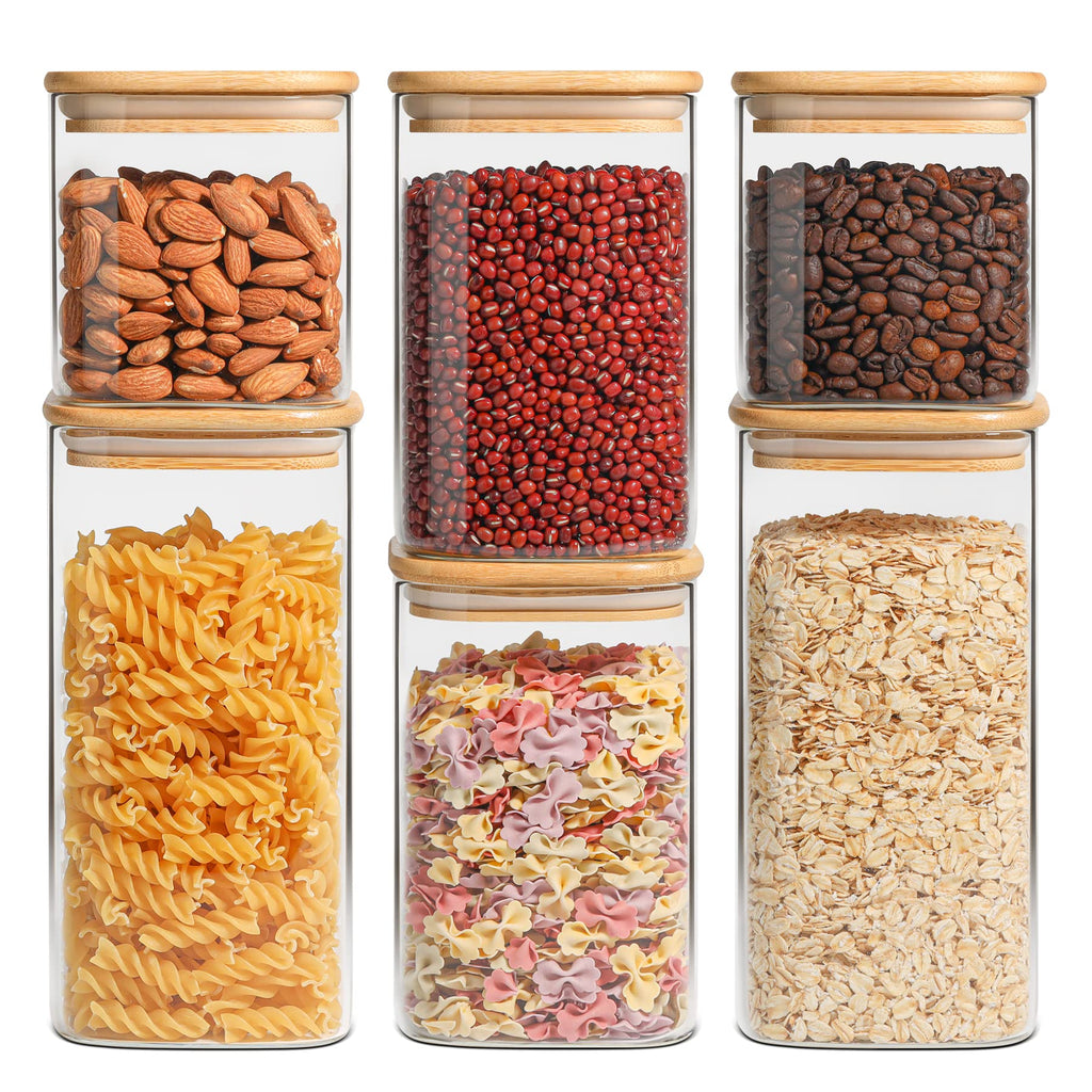ComSaf Square Glass Containers with Lids 0.6 Qt, Set of 6 Small Glass Jars