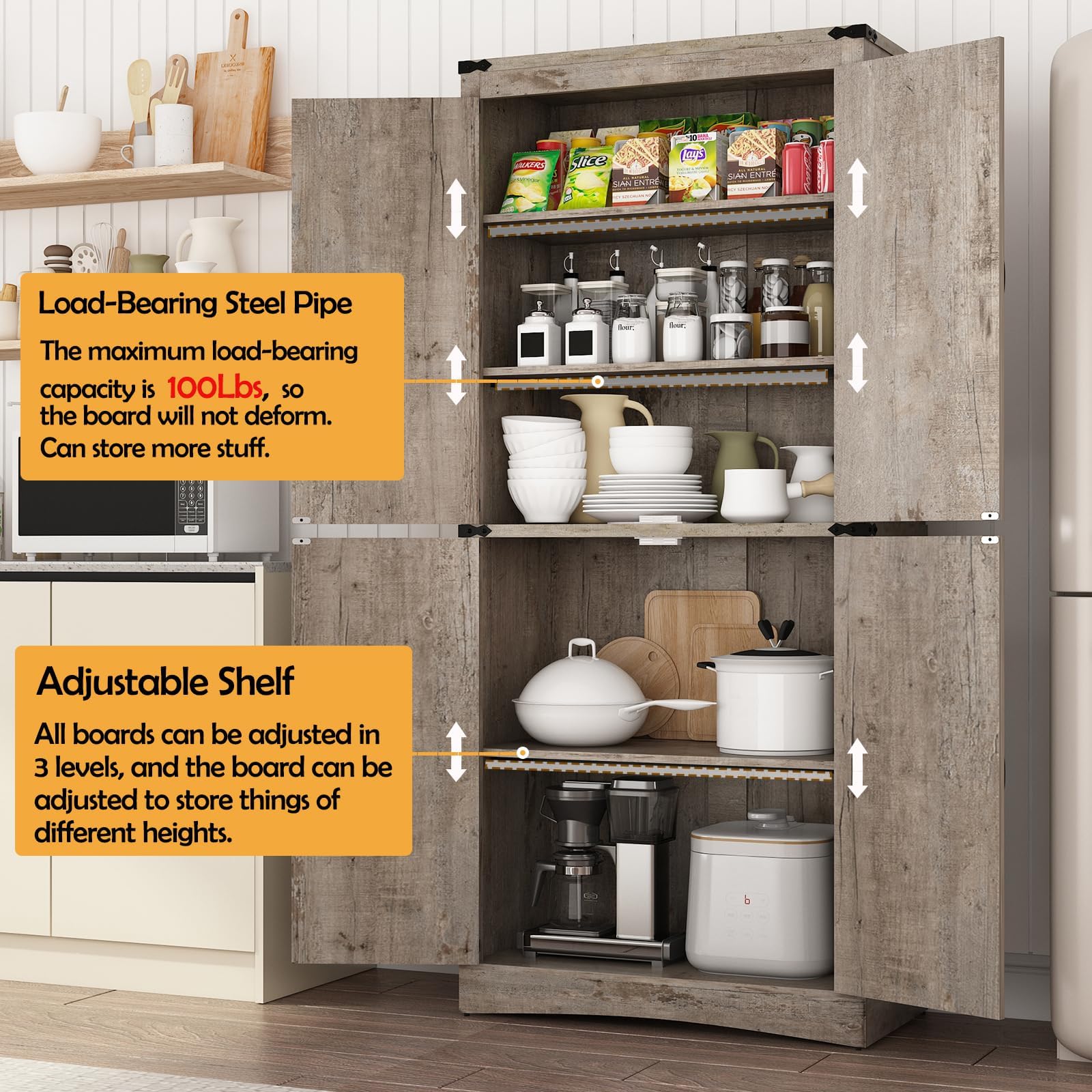 71in Farmhouse Kitchen Pantry Cabinet,Tall Storage Cabinet with 4 Doors and Adjustable shelves,with Load-Bearing Steel Pipe,Wood Storage Cabinets for Kitchen,Dining Room,Bathroom(Light Rustic Oak)