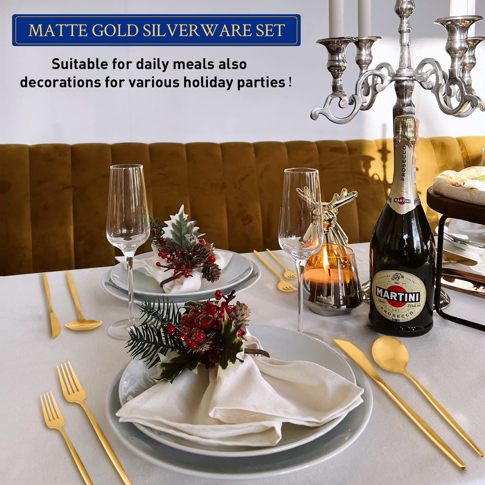 Matte Gold Stainless Steel Flatware Set for 4, 20-Piece Cutlery Tableware with Spoons and Forks, Dishwasher Safe