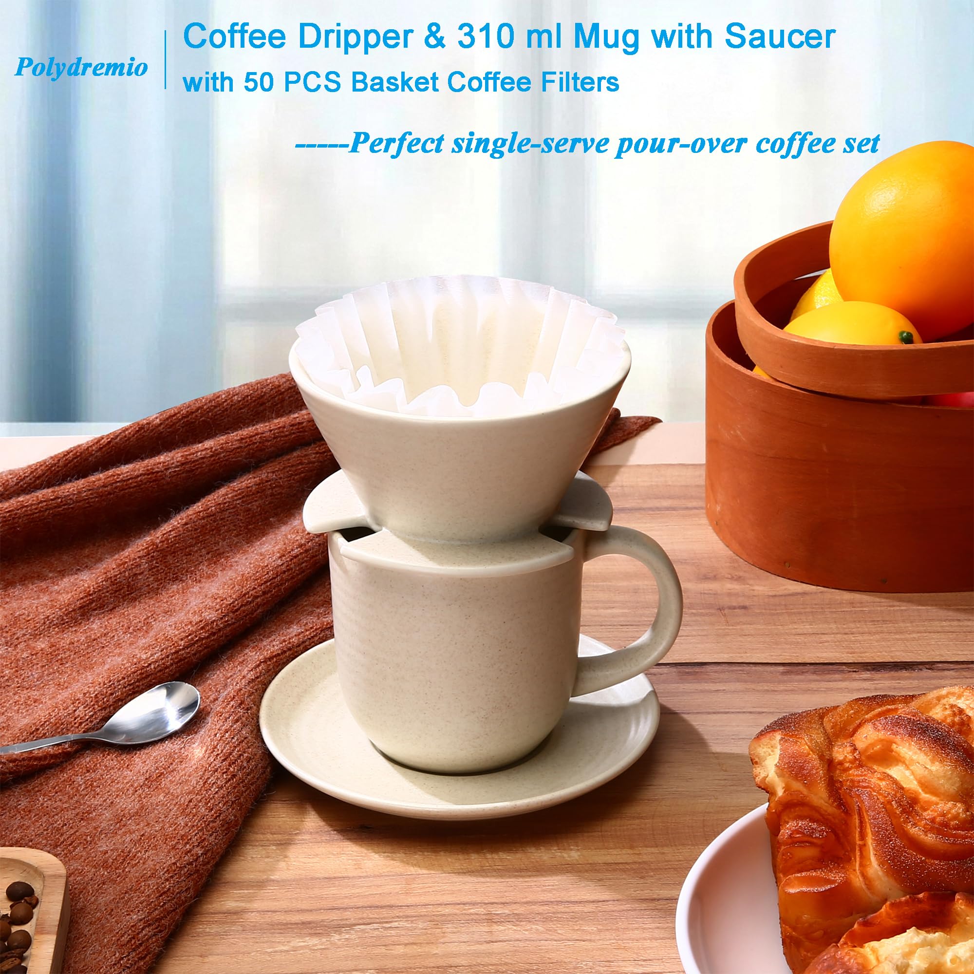 Polydremio Pour Over Coffee Maker, with 50 PCS Basket Coffee Filters, 310 ml/10 oz Mug with Saucer & Coffee Dripper, Ceramic, Off-white