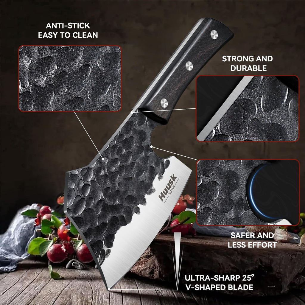 Huusk Meat Cleaver Knife Heavy Duty Bone Chopper, Hand Forged Kitchen Axe