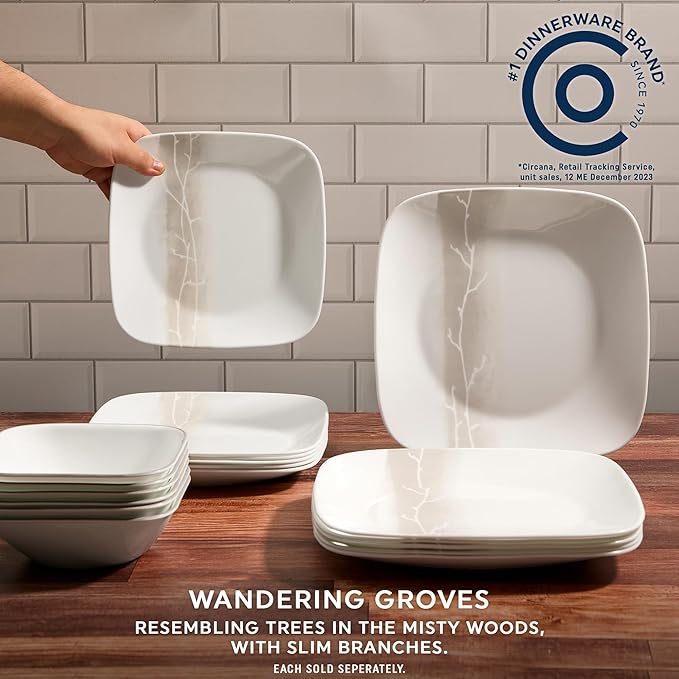 Corelle Vitrelle 18 Piece Glass Dinnerware Sets Rectangular Square Plate and Bowl Set Service for 6, Triple Layer Chip & Crack Resistant Glass Plate and Bowl Sets, Wandering Grove