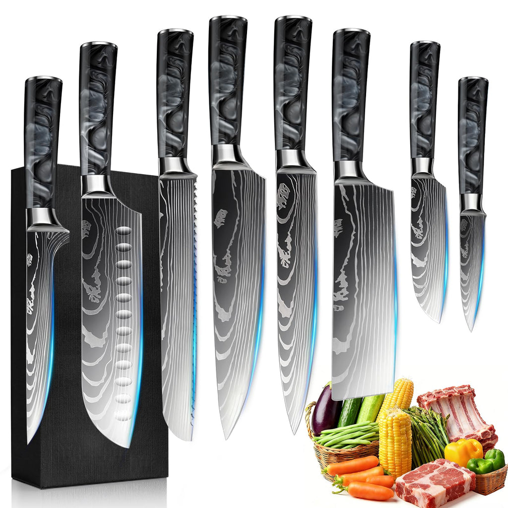 FIVE COWS 10-Piece Premium Japanese Kitchen Knife Set - Star Collection, Laser Damascus Pattern, 440A Stainless Steel Ultra Sharp for Fast Cutting (Red)
