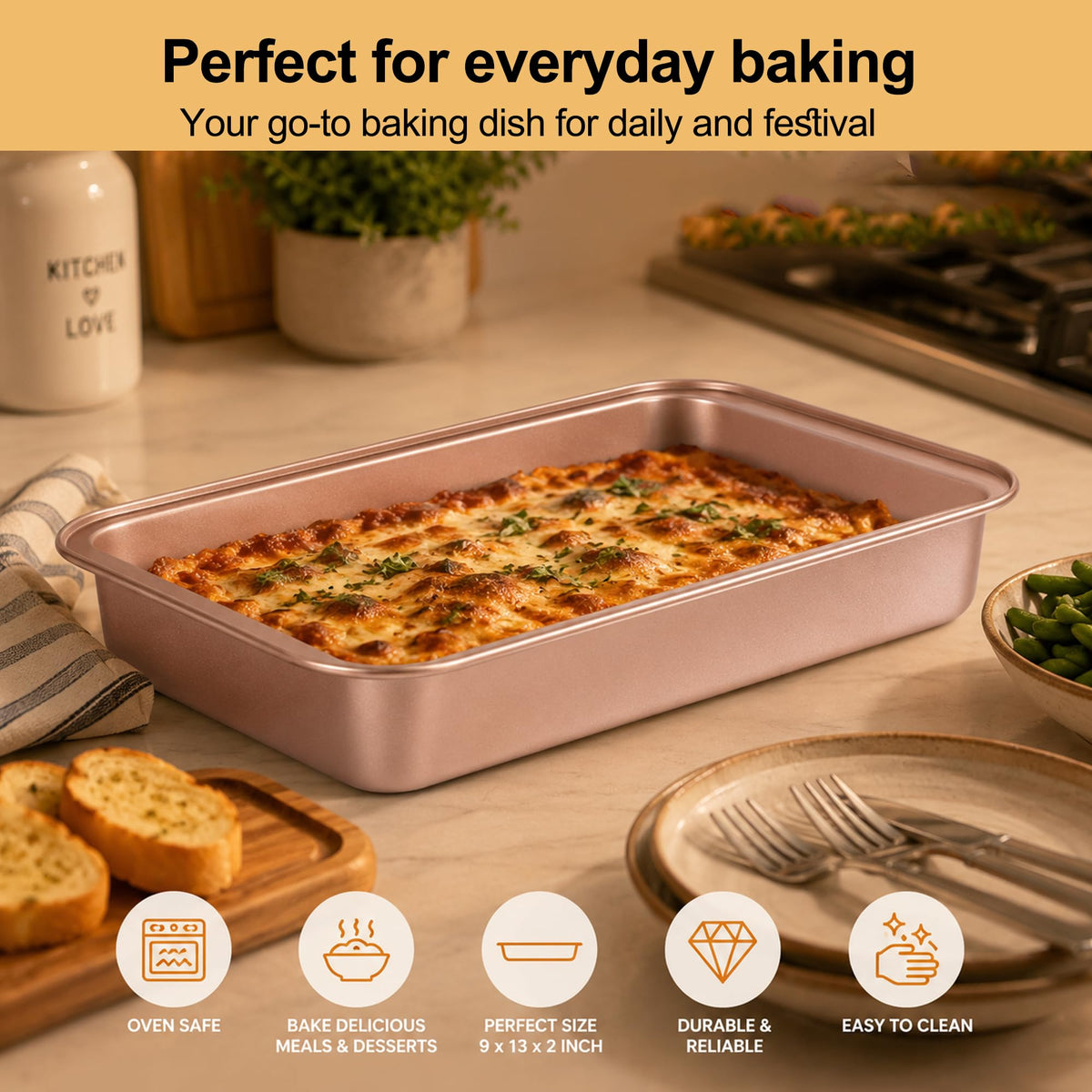 Barlket 9x13 Baking Pan & Dish, 13x9 Nonstick Rectangle Cake Pan, Rose Gold