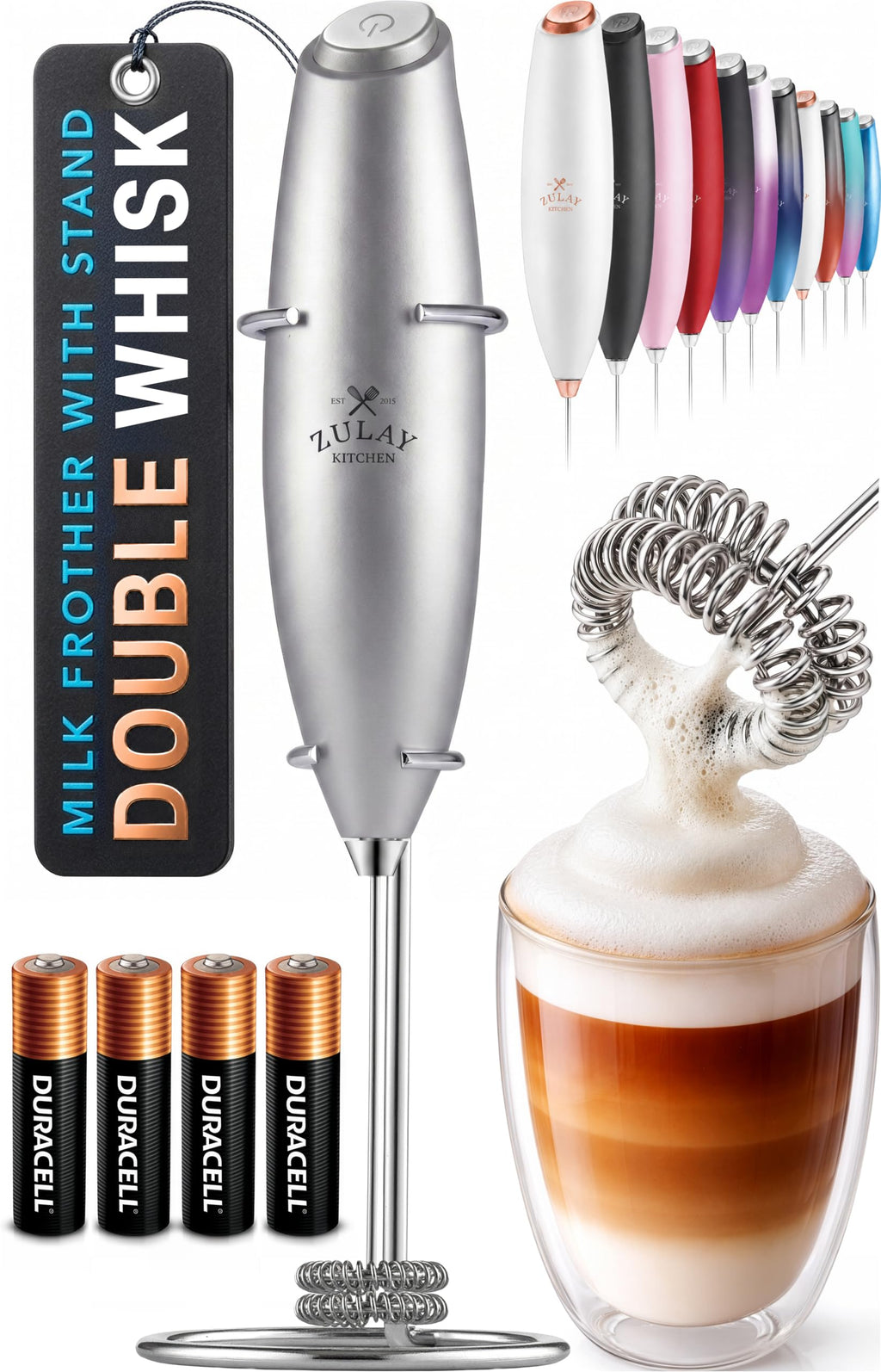 Zulay Kitchen Powerful Milk Frother Wand With Duracell Batteries - Ultra Fast Handheld Drink Mixer - Electric Whisk Foam Maker for Coffee, Lattes, Cappuccino & Matcha - Z1 Motor - Aqua