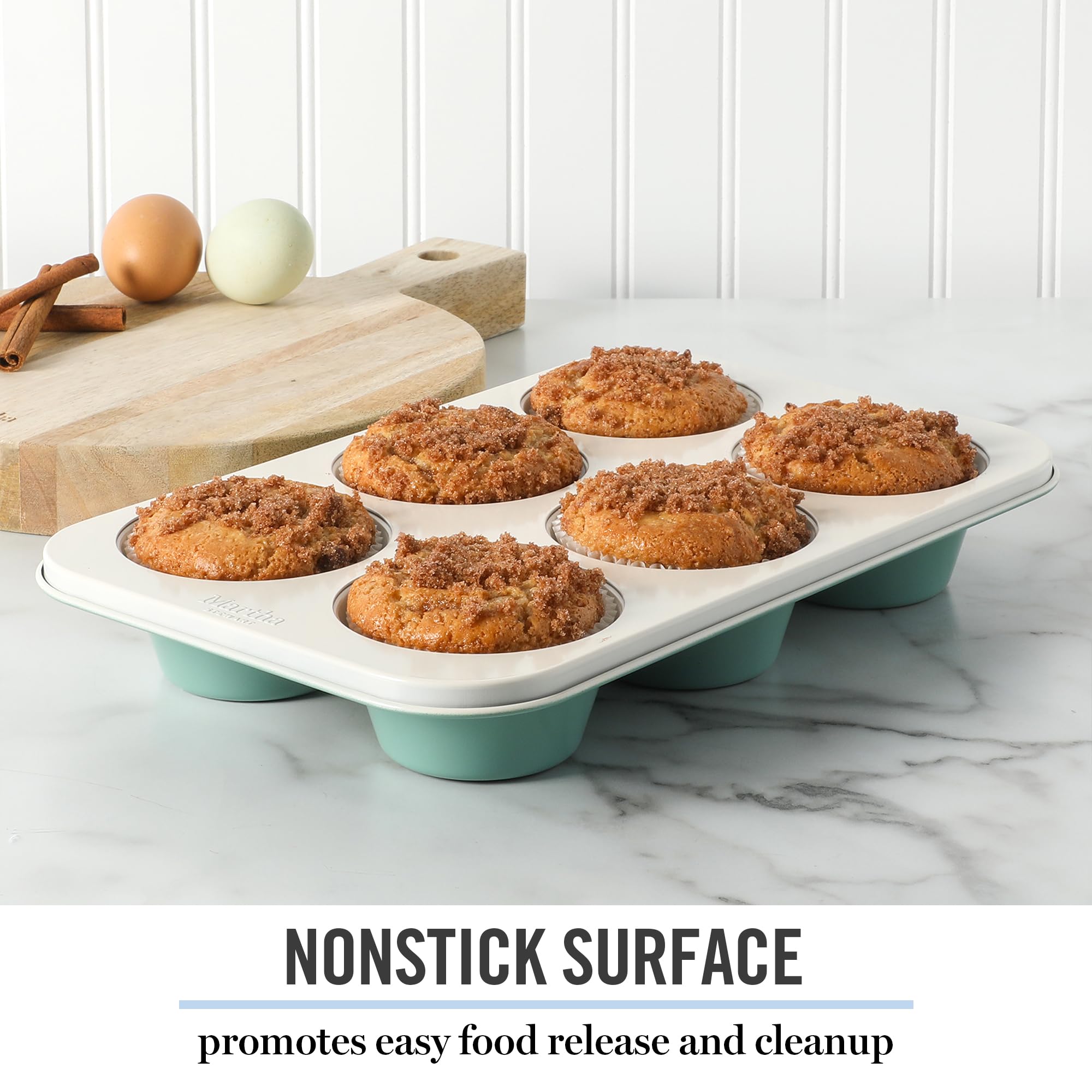 Martha Stewart Gallen 6 Cup Nonstick Carbon Steel Muffin and Cupcake Pan - Teal Durable Bakeware for Muffins, Cupcakes & Mini Cakes