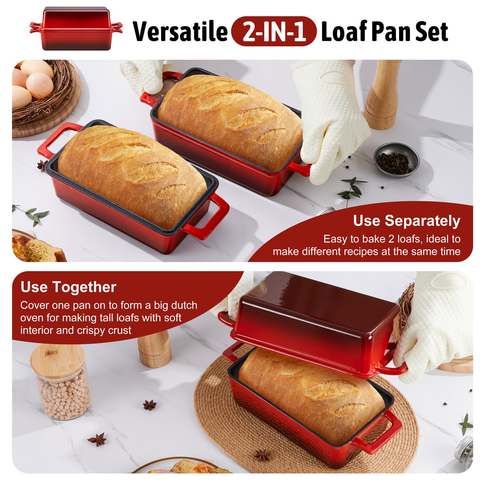 P&P CHEF 2-In-1 9 x 5 Inch Cast Iron Loaf Pan with Lid, Red
