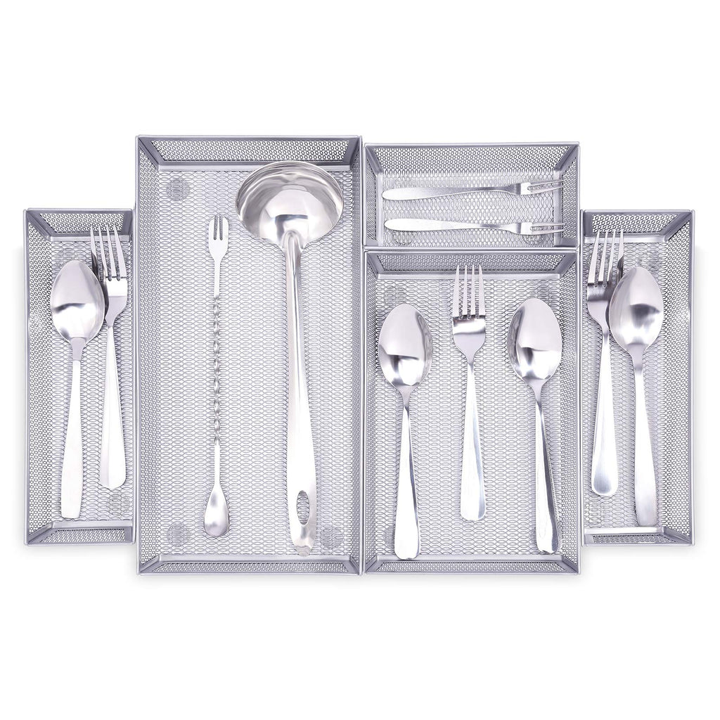 WuGeShop Mesh Silverware Tray Drawer Organizer, Kitchen Utensils Flatware with Anti-slip Mats, Silverware Storage Cutlery Tray for Knives Fork Spoon (5 Separate Compartments, Silver)
