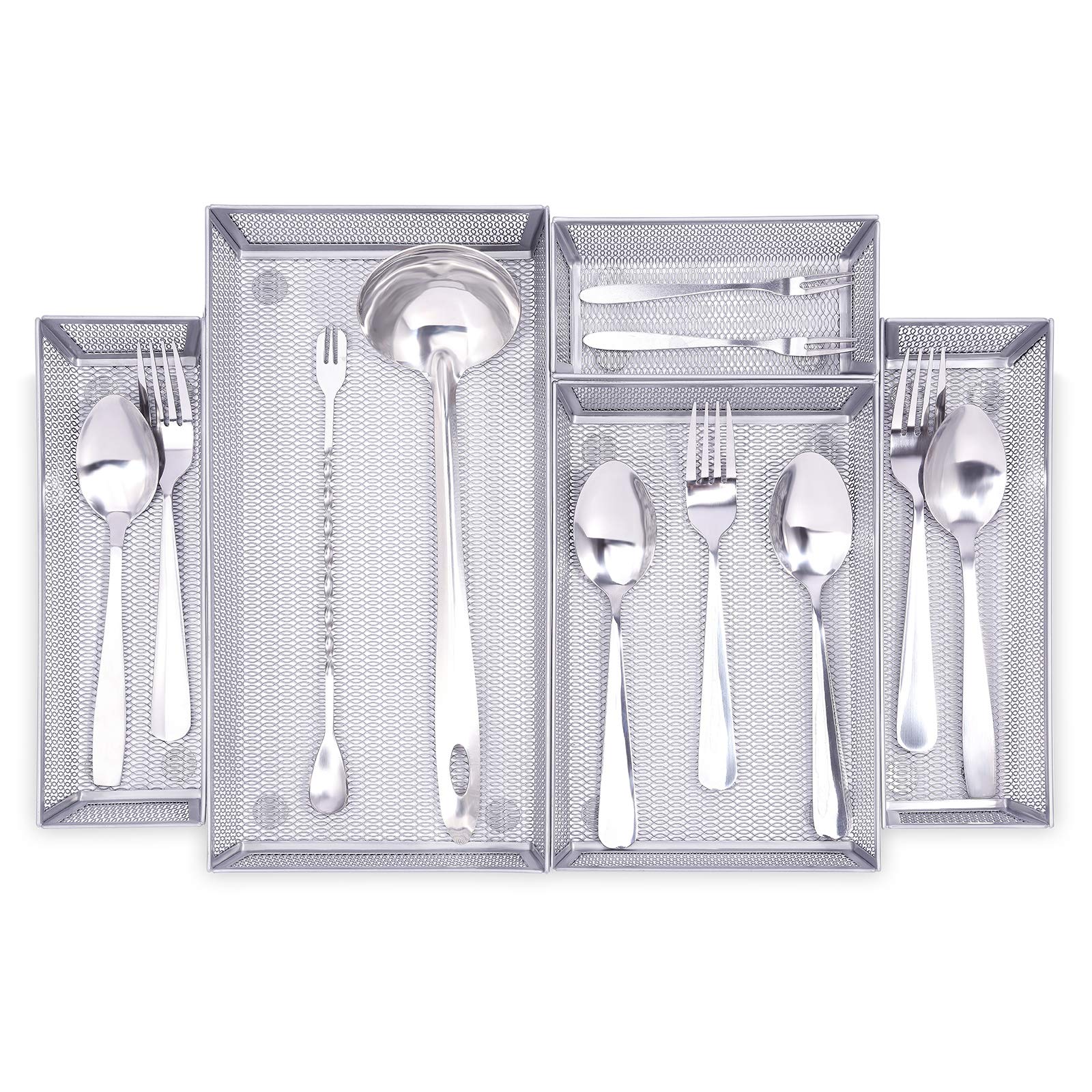 WuGeShop Mesh Silverware Tray Drawer Organizer, Kitchen Utensils Flatware with Anti-slip Mats, Silverware Storage Cutlery Tray for Knives Fork Spoon (5 Separate Compartments, Silver)
