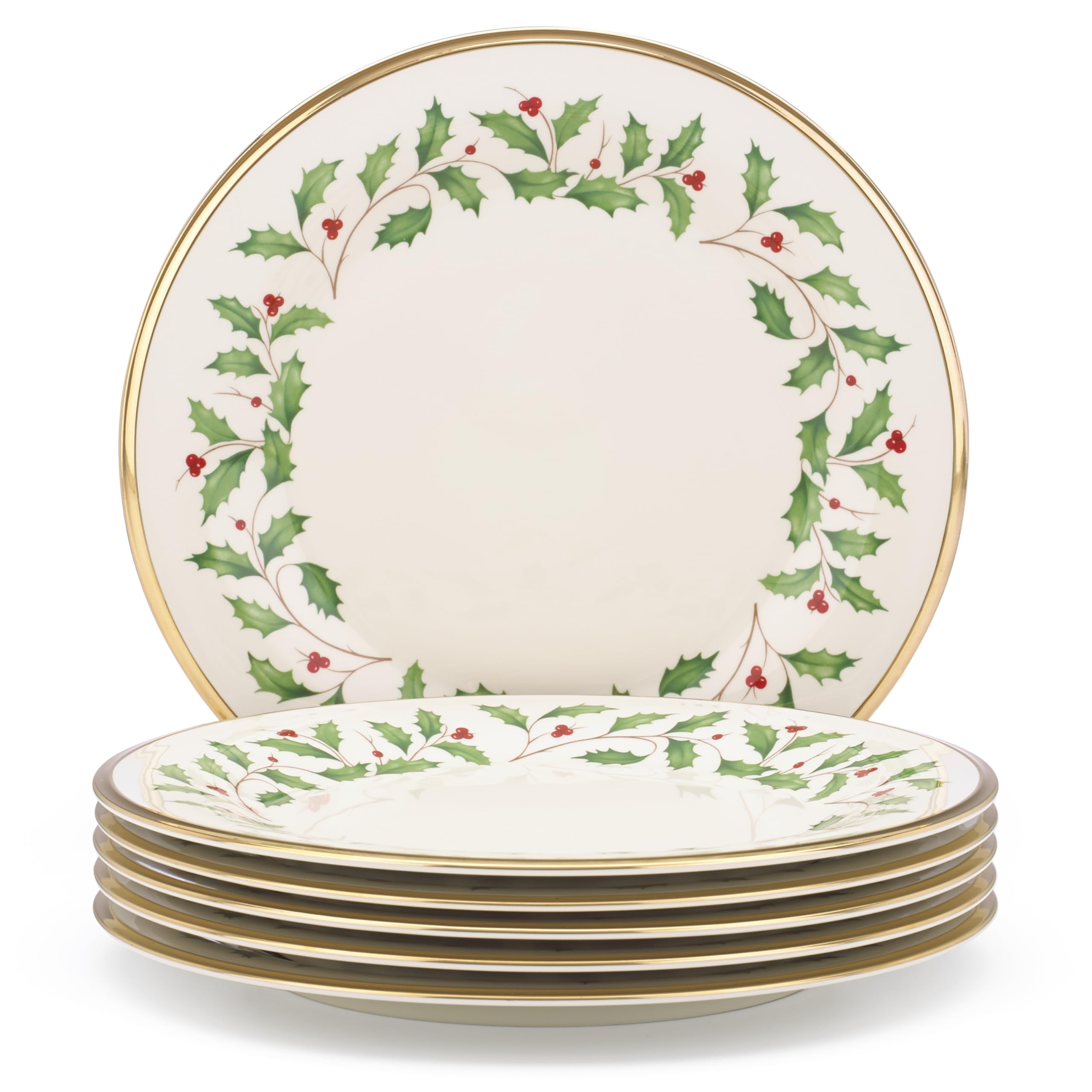 Lenox Holiday 6-Piece Dinner Plates Dinnerware Set, Service For 6, Porcelain, Dishwasher Safe, Round Plates Set, Holiday Red & Green, Perfect for Gatherings, Christmas Dinnerware (Ivory, 6 Piece)