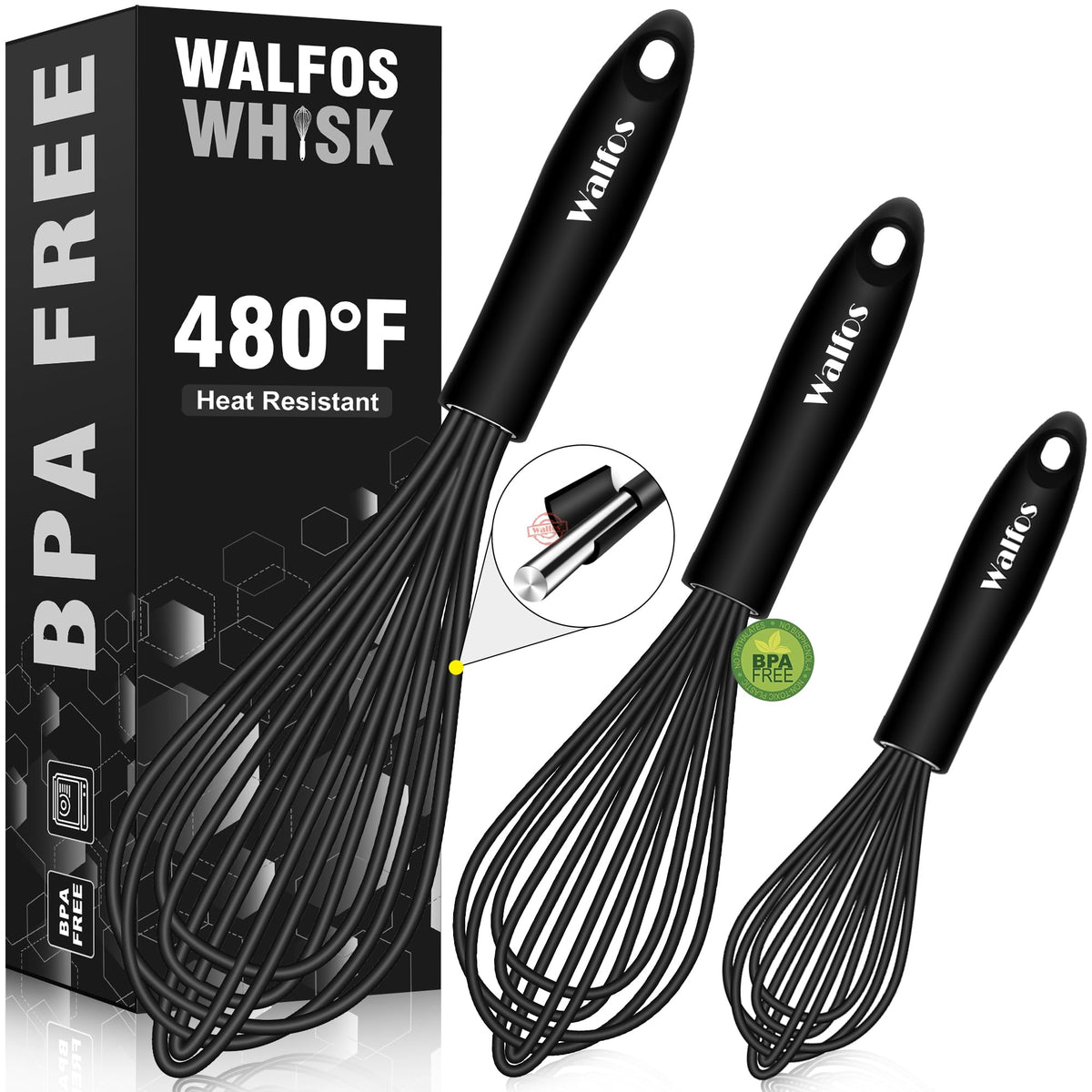 Silicone Whisks set with 7+5in mini stainless steel whisk, Non Scratch Coated 7+9+11in Whisks for Nonstick Cookware,Premium for Blending, Whisking, Beating, Frothing & Stirring