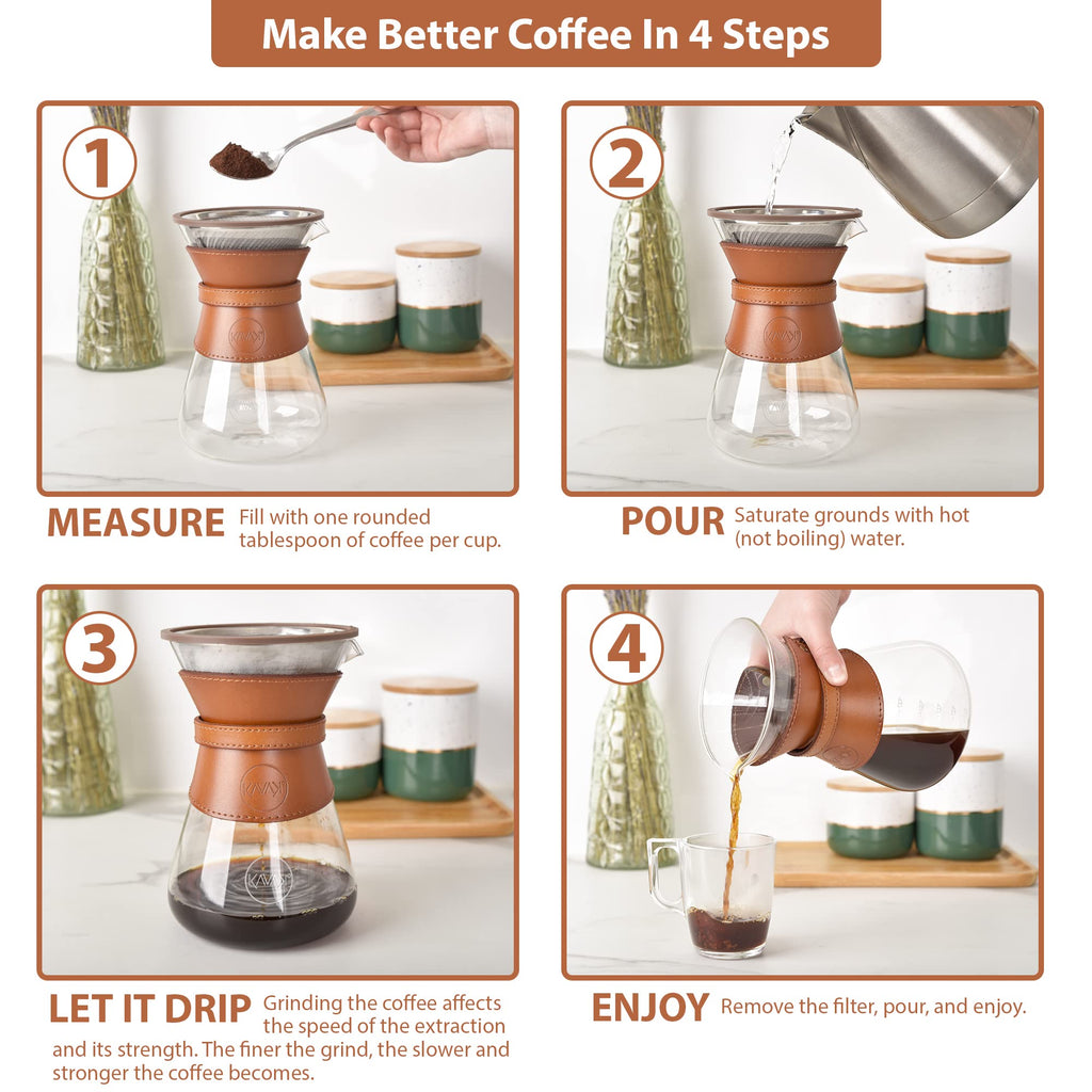 Pour Over Coffee Maker Set with Double-Layer Stainless Steel Filter, Coffee Dripper, Cork Lid and Leather Collar Holder - High Heat Resistance Borosilicate Glass Carafe, Great Gift Idea (37 oz)