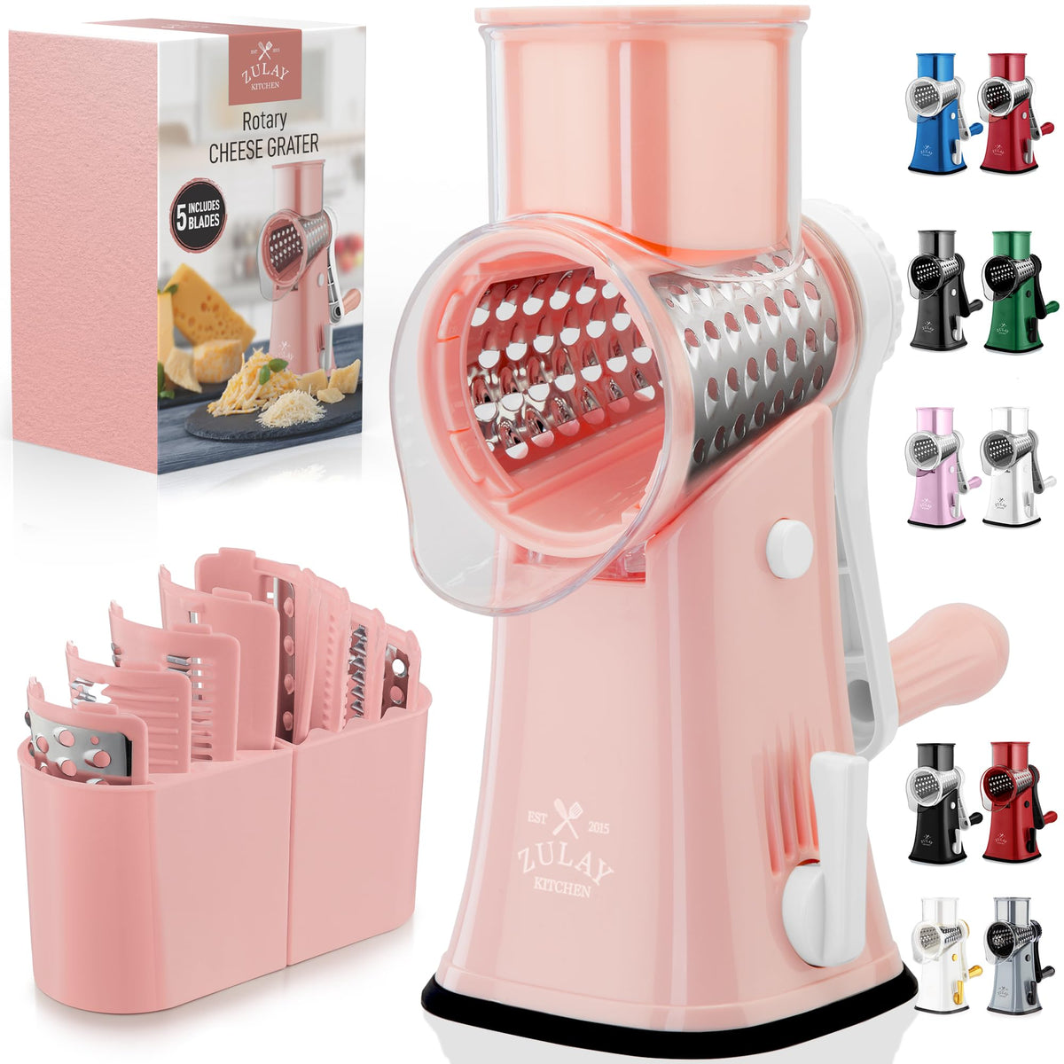 Rotary Cheese Grater Manual Hand Crank 5 Blade Shredder, Sea Foam & Gold