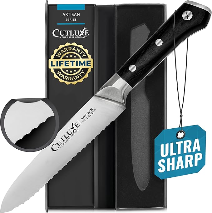 Cutluxe Serrated Tomato Knife – 5" Kitchen Utility Knife for Vegetables, Fruit & Bread – Razor Sharp Forged High Carbon German Steel, Full Tang, Ergonomic Pakkawood Handle – Artisan Series