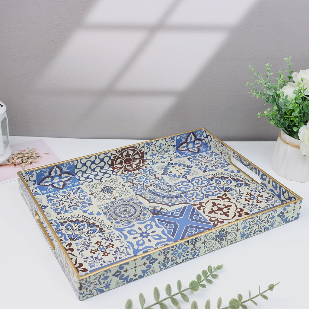 Spsyrine Decorative Serving Tray with Handles, Lacquered Coffee Table Tray for Ottoman, Rectangular Waterproof Platters for Centerpieces, Parties, Living Room, Kitchen Counter Organization SP3040RE1