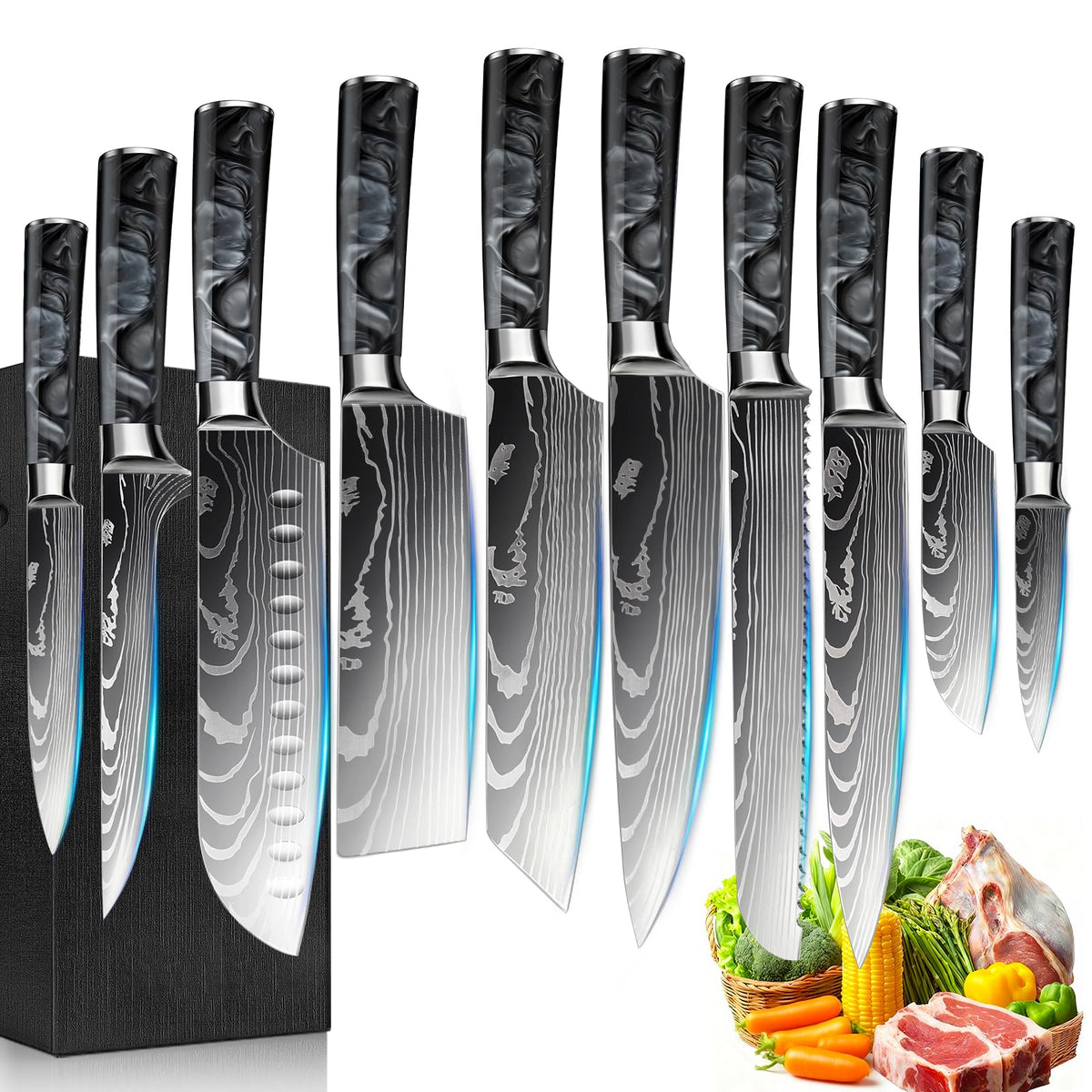 FIVE COWS 10-Piece Premium Japanese Kitchen Knife Set - Star Collection, Laser Damascus Pattern, 440A Stainless Steel Ultra Sharp for Fast Cutting (Red)