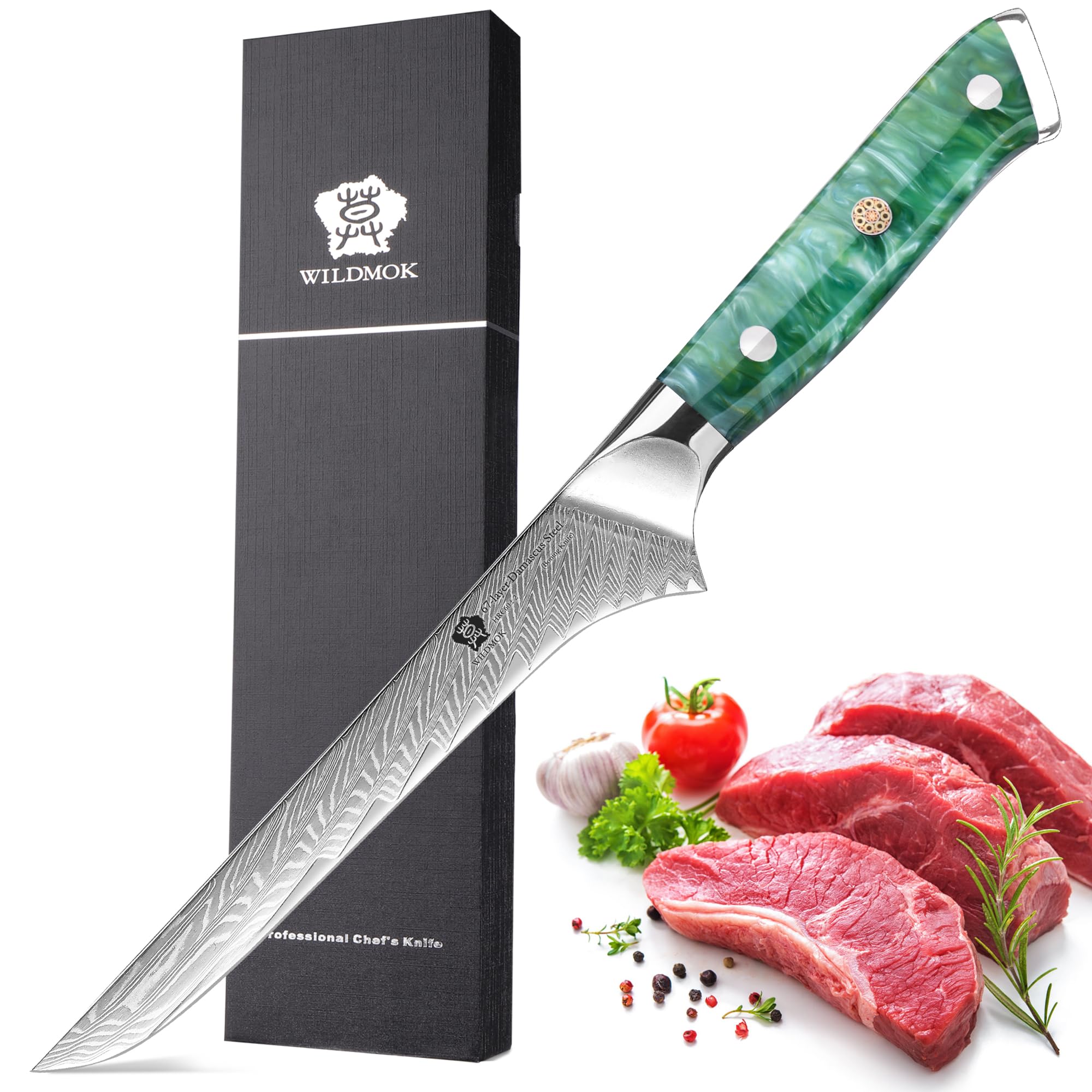 WILDMOK 7 inch Damascus Fillet Knife, Japanese Damascus Steel Boning, Carving, Deboning, Full Tang Resin Handle, Gift Box