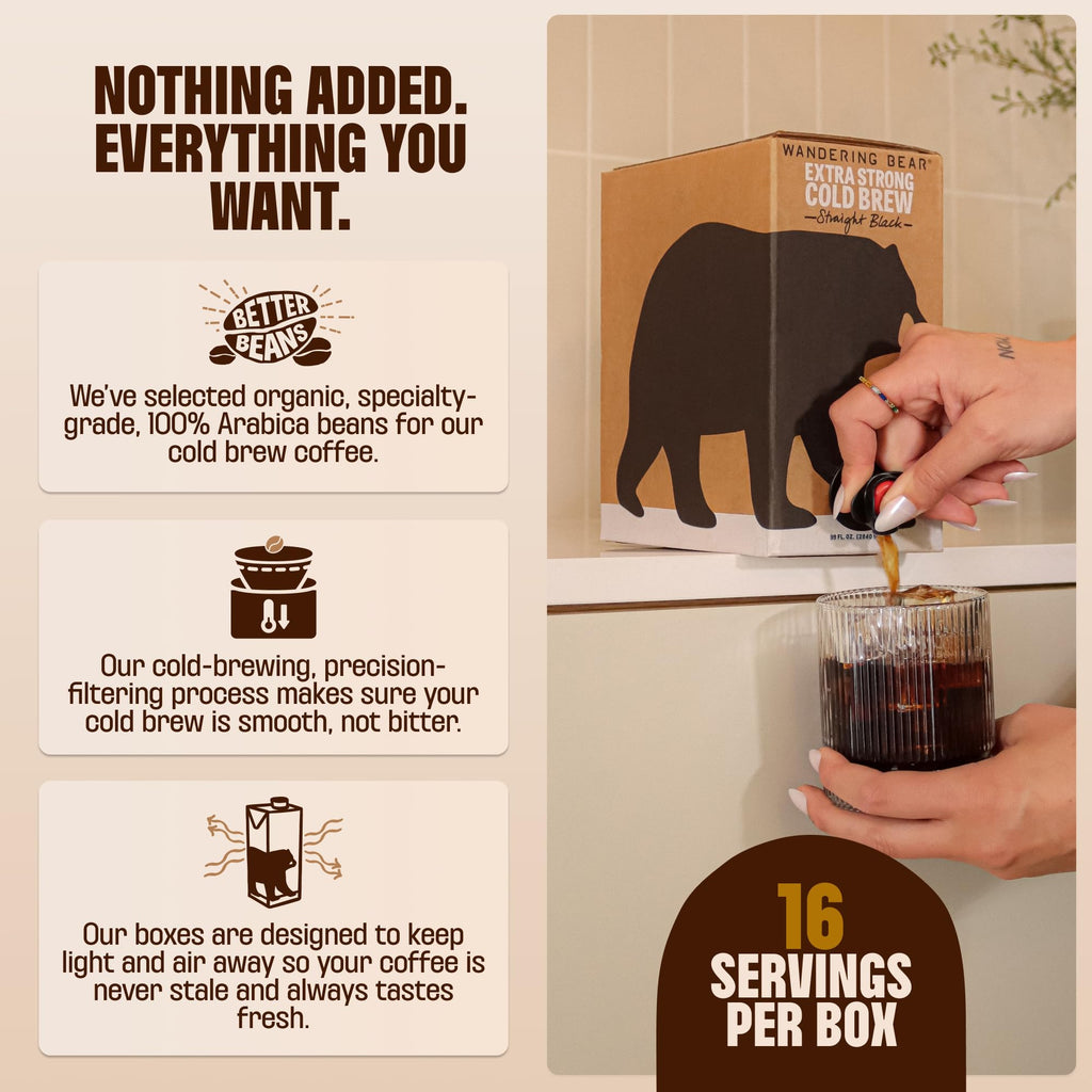 Wandering Bear Organic Caramel Cold Brew Coffee On Tap, Iced Coffee Drink - Extra Strong, Bold, Smooth, No Sugar Added, Shelf-Stable, Ready to Drink,Gluten Free & Vegan -16 Servings of 6fl.oz -96fl.oz