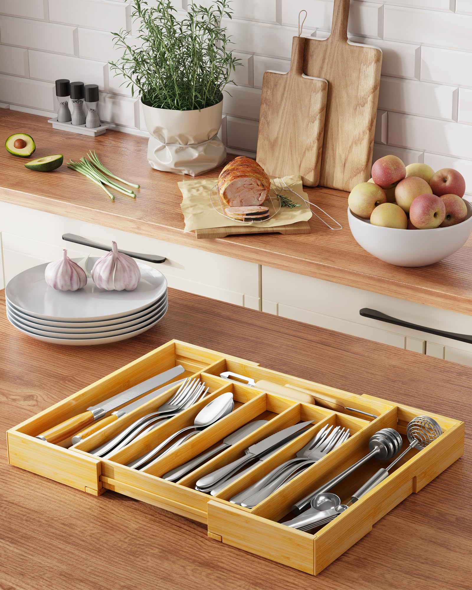 Kitsure Large Bamboo Silverware Organizer - Expandable Drawer Organizer for Utensil, Cutlery and Flatware, Kitchen Storage Solution with 6 to 8 Slots, Natural, 19.4" × 13.1" × 1.8"