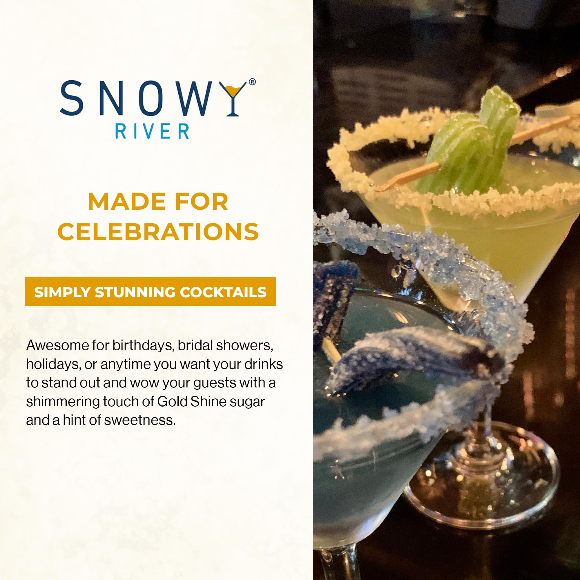Snowy River Natural Cocktail Sugar Rimmer - Kosher Certified Naturally Colored Beverage Rimming Sugar for Cocktails, Margaritas, Drinks (Gold Shine, 4 Ounce)