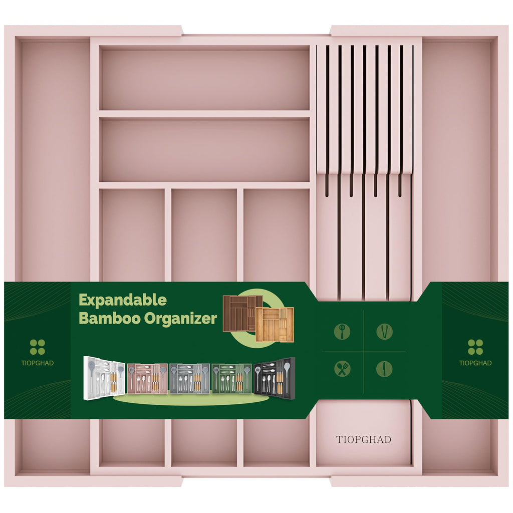 TIOPGHAD Expandable Bamboo Silverware Drawer Organizer Tray, Grayish Green