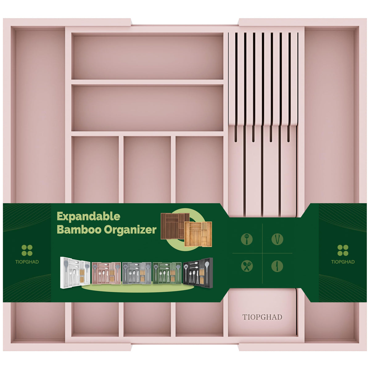 TIOPGHAD Expandable Bamboo Silverware Drawer Organizer Tray, Grayish Green