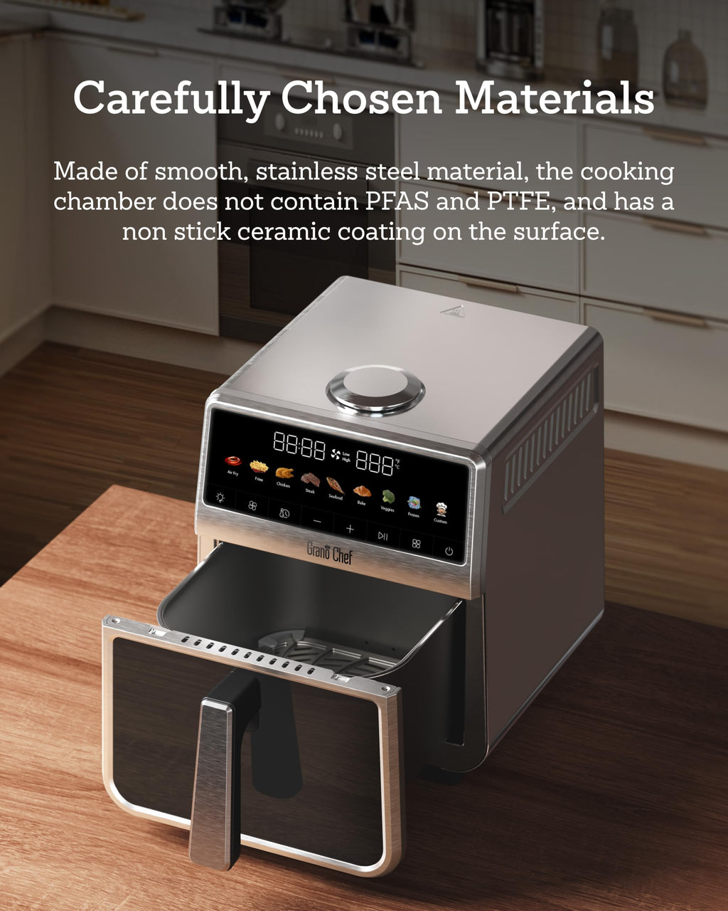 6Qt Stainless Steel Air Fryer Non Toxic, Ceramic Glaze, 120°F~450°F, 1700W