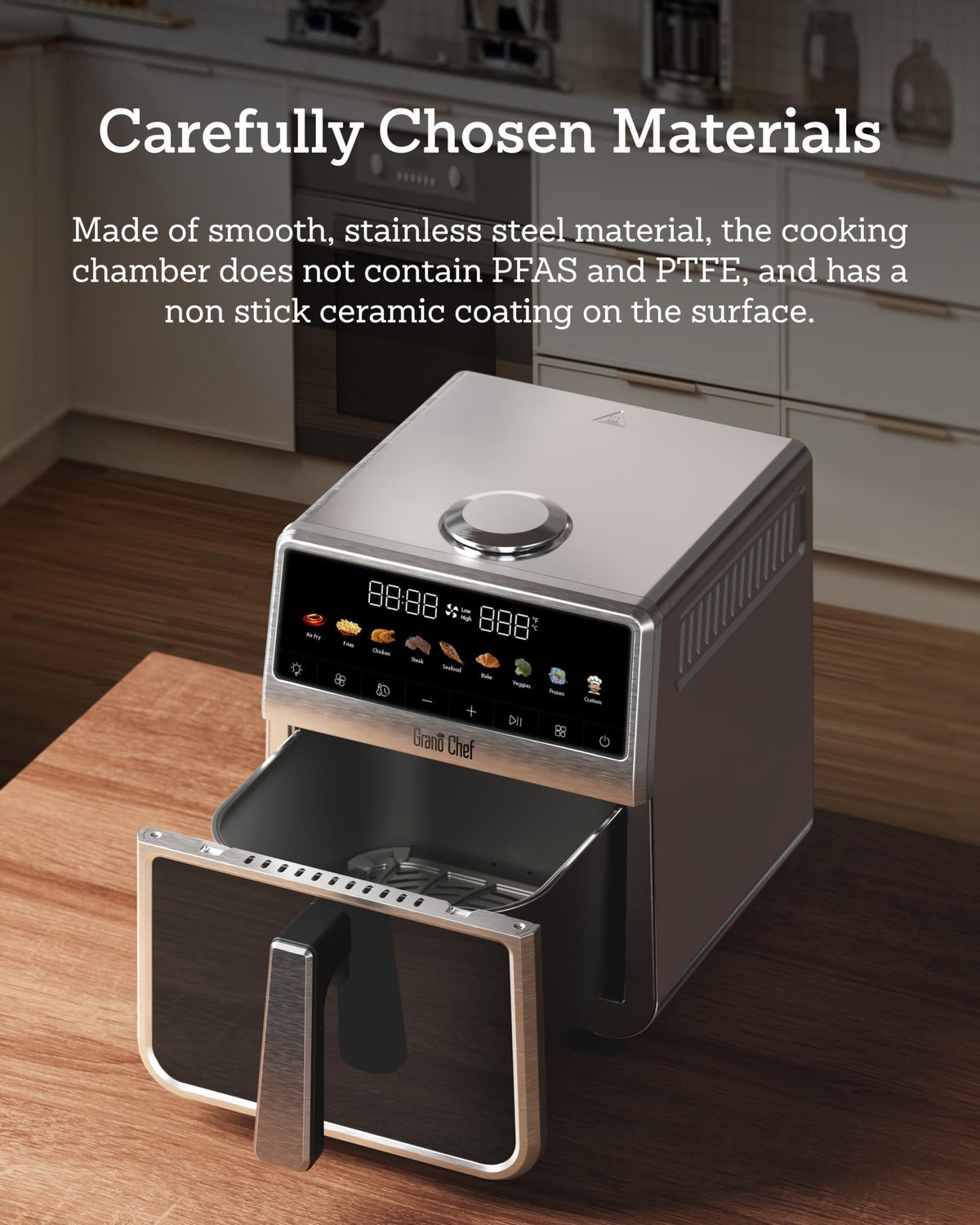 6Qt Stainless Steel Air Fryer Non Toxic, Ceramic Glaze, 120°F~450°F, 1700W