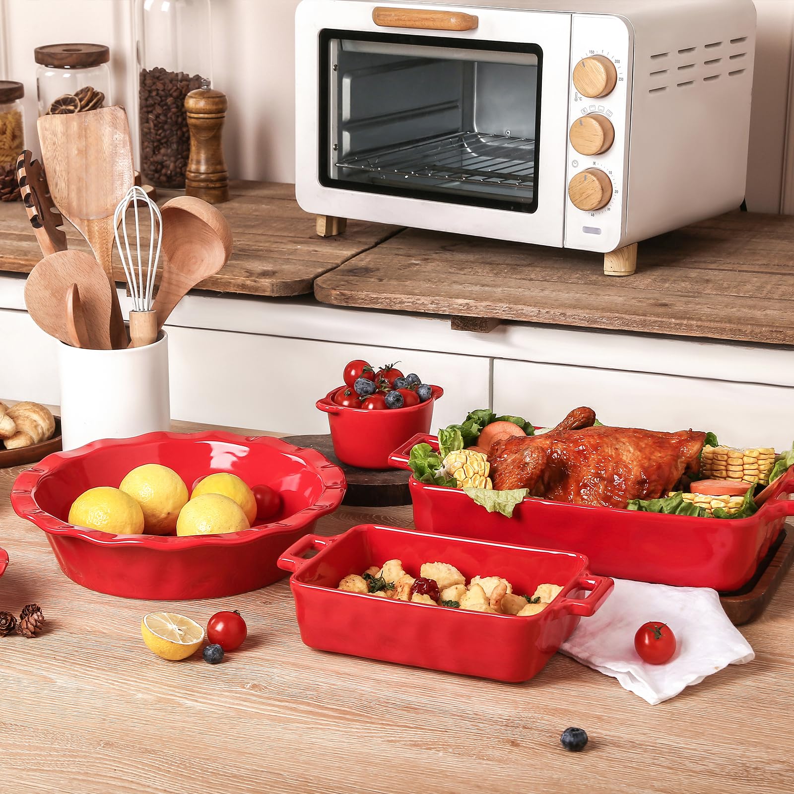 vicrays Ceramic Pie Pan for Baking - 9 inch Pie Plate, Round, Fluted and Deep Pie Dish for Tart, Pizza, Apple Pie, Quiche, Pot Pies, Cake - Reactive Glaze (Red)