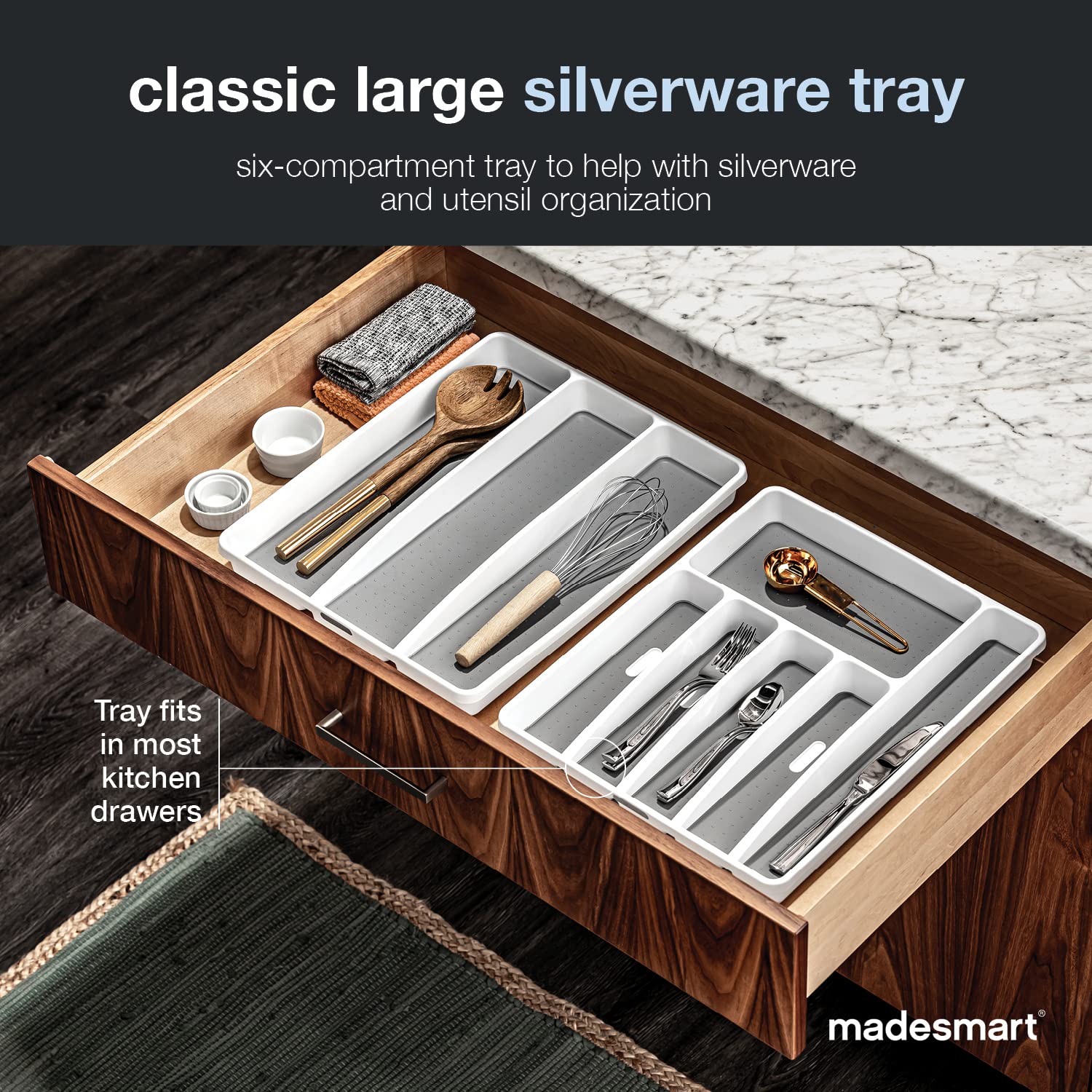madesmart Classic 6 Compartment Silverware Tray, White