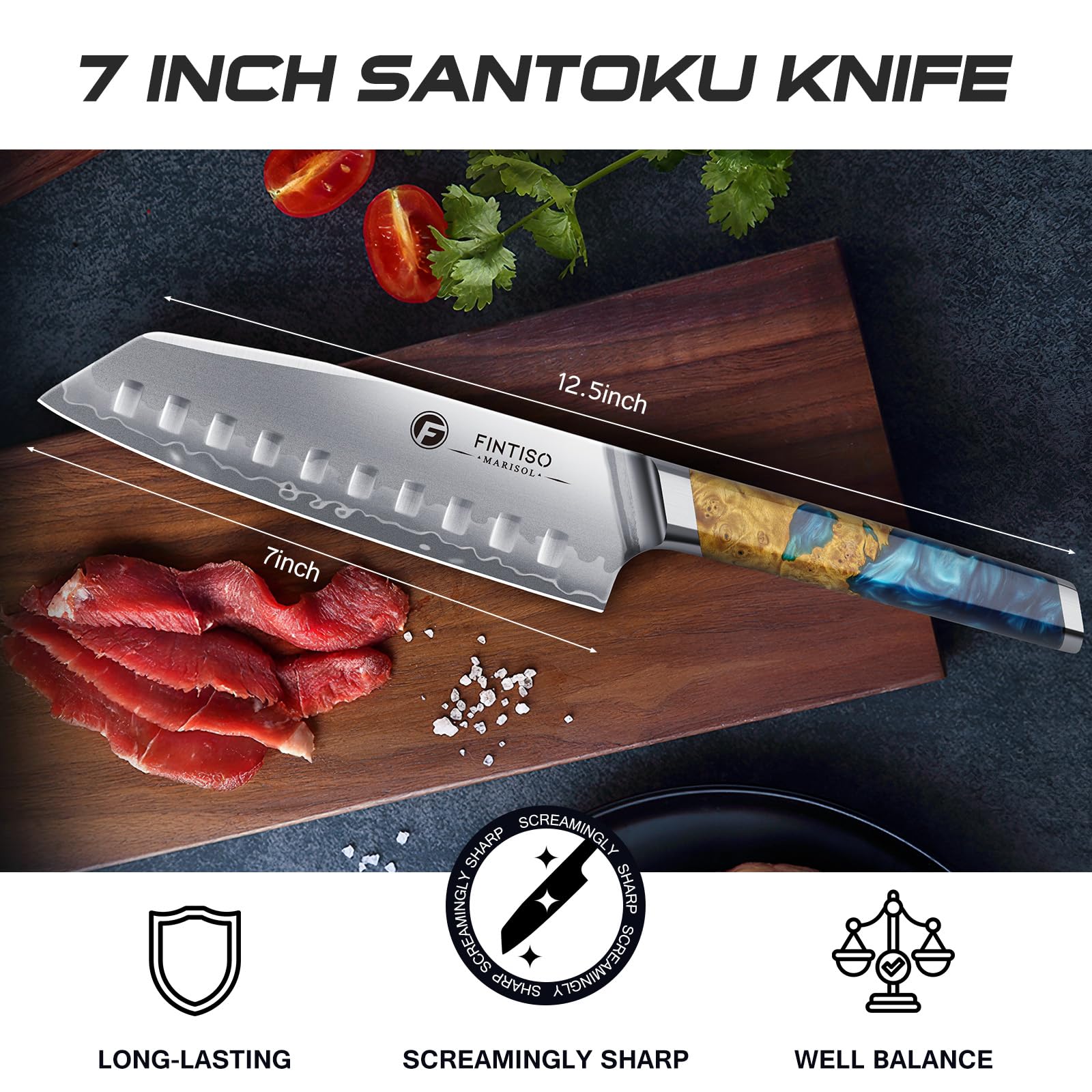FINTISO 7" Santoku Knife, S35VN Powder Steel Core Japanese Chef Knife