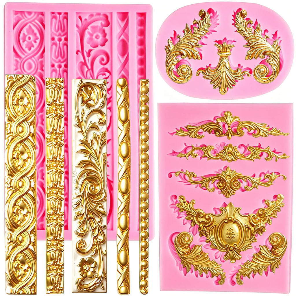 Baroque Silicone Molds, AIMEIKI 3 Pack Baroque Border Fondant Molds Scroll Lace Mold Vintage Curlicues Baking Molds for Cake Decorating, Chocolate, Cupcake Topper, Clay Crafts