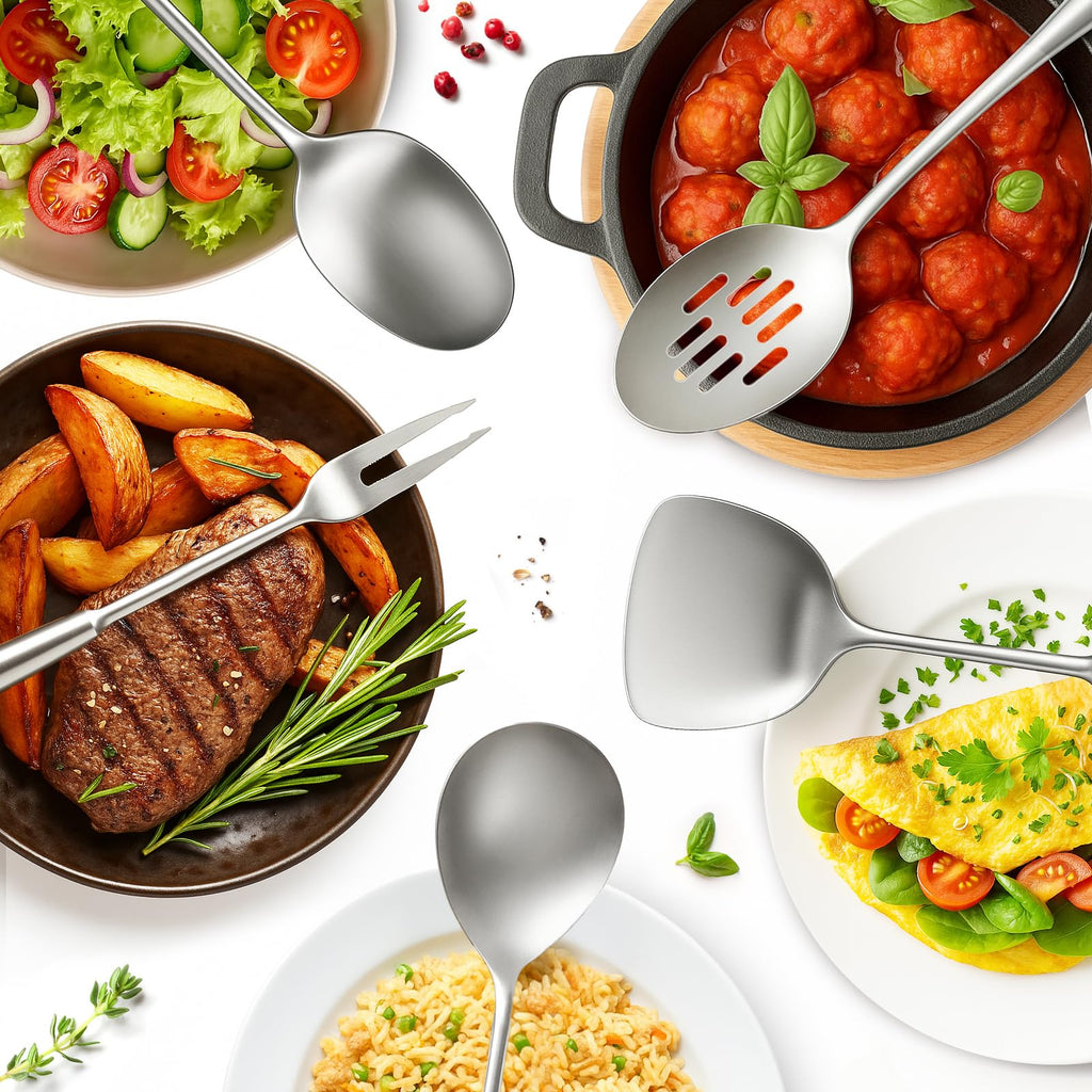 Newness 9 Pcs Cooking Utensils Set, 304 Stainless Steel Kitchen Utensils Set, Metal Kitchen Accessories, Include Soup Ladle, Slotted Skimmer Spoon, Spaghetti Spoon and Spatula, Dishwasher Safe