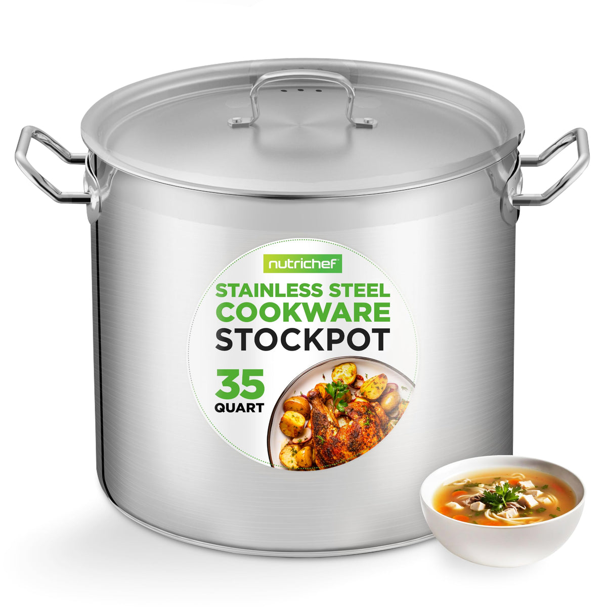 Nutrichef Stainless Steel Cookware Stockpot, 35 Quart Heavy Duty Induction Soup Pot With Stainless Steel Lid And Strong Riveted Handles, Even Heat Distribution, Compatible With Most Cooktops