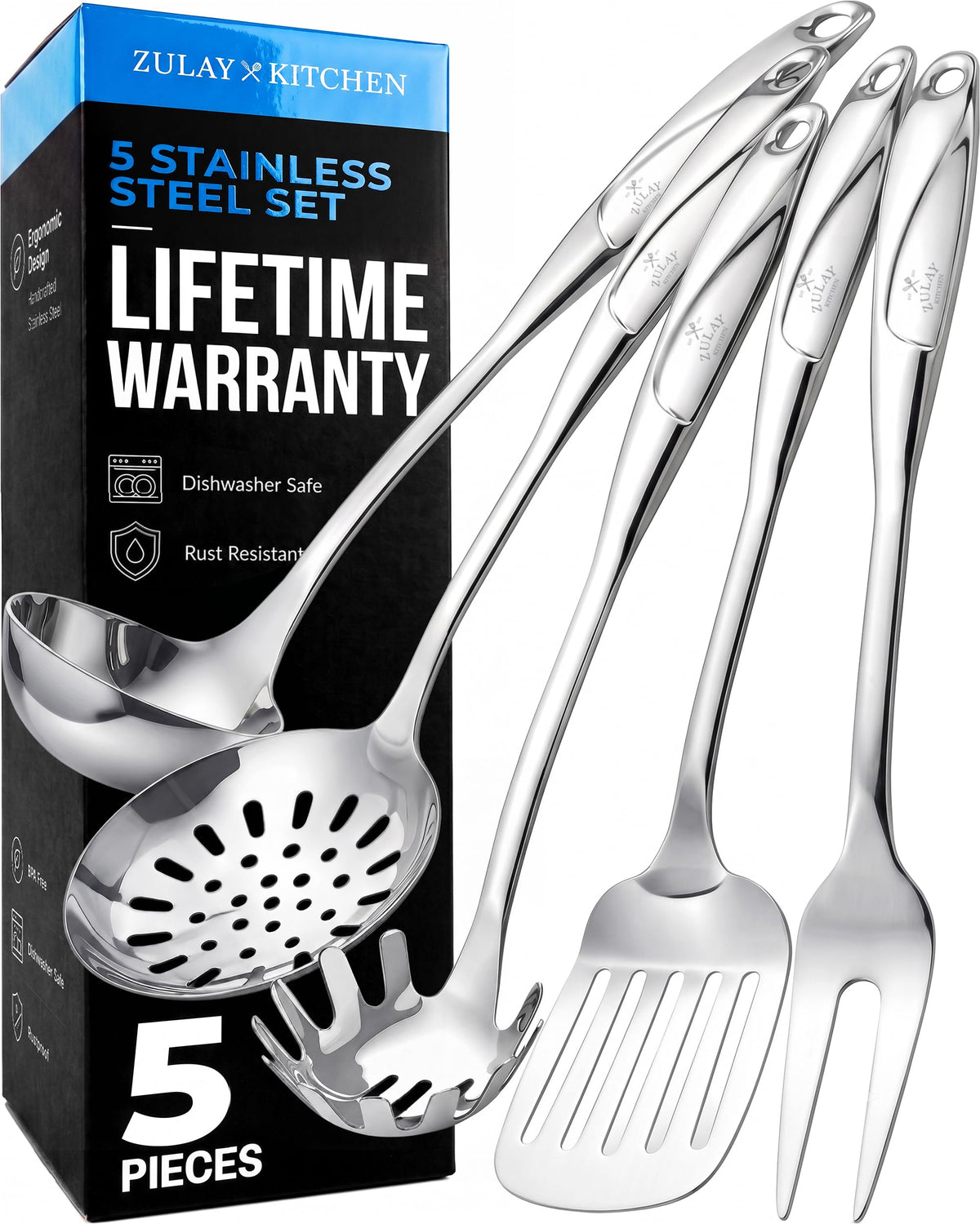 Zulay Kitchen Stainless Steel 5 Piece Cooking Utensil Set