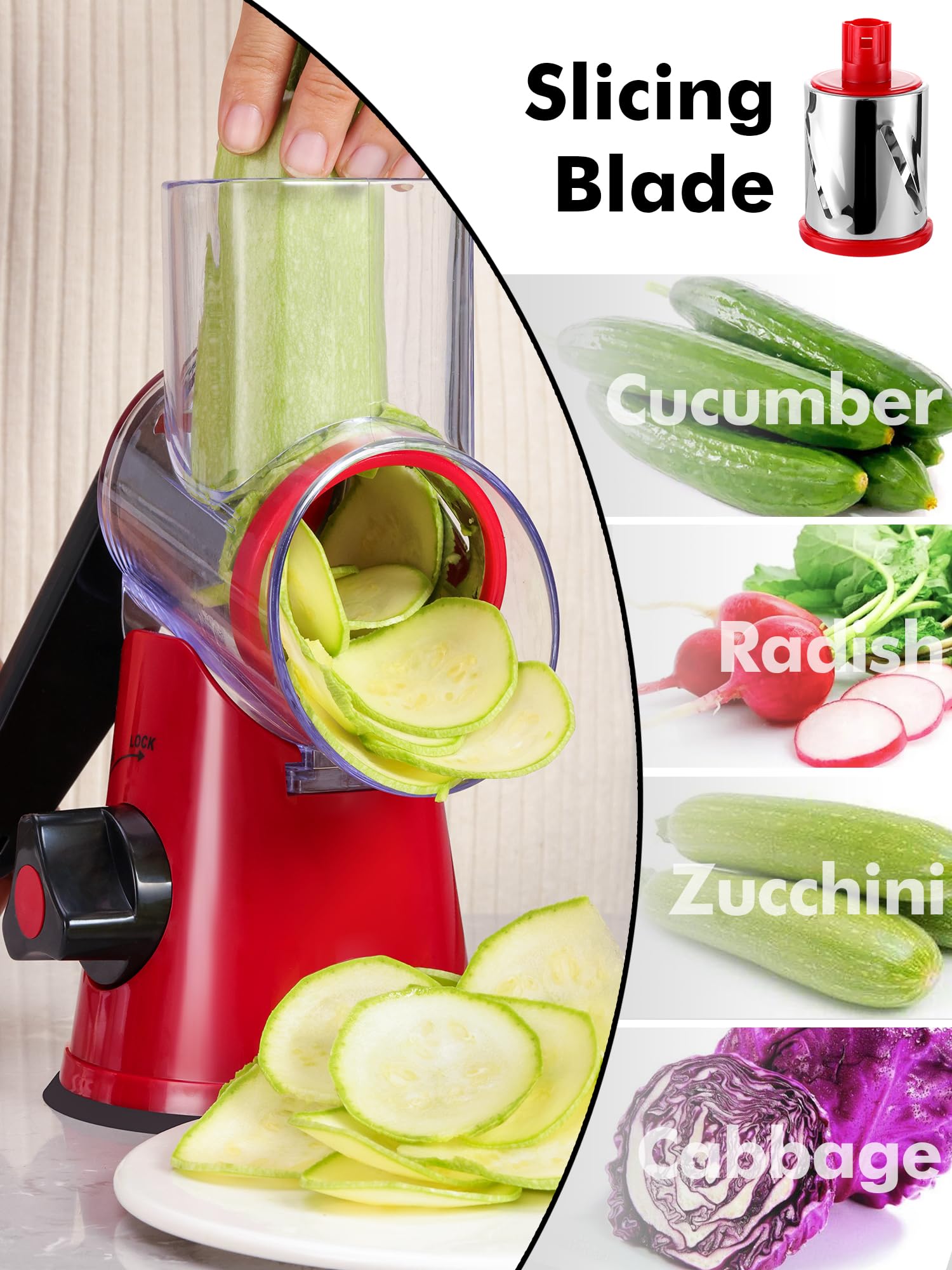 LucGee Rotary Cheese Grater with Handle - 3 in 1 Cheese Shredder Rotary Grater Stainless Steel Handheld, Vegetable Slicer for Fruit, Cheese, Nuts(Red)