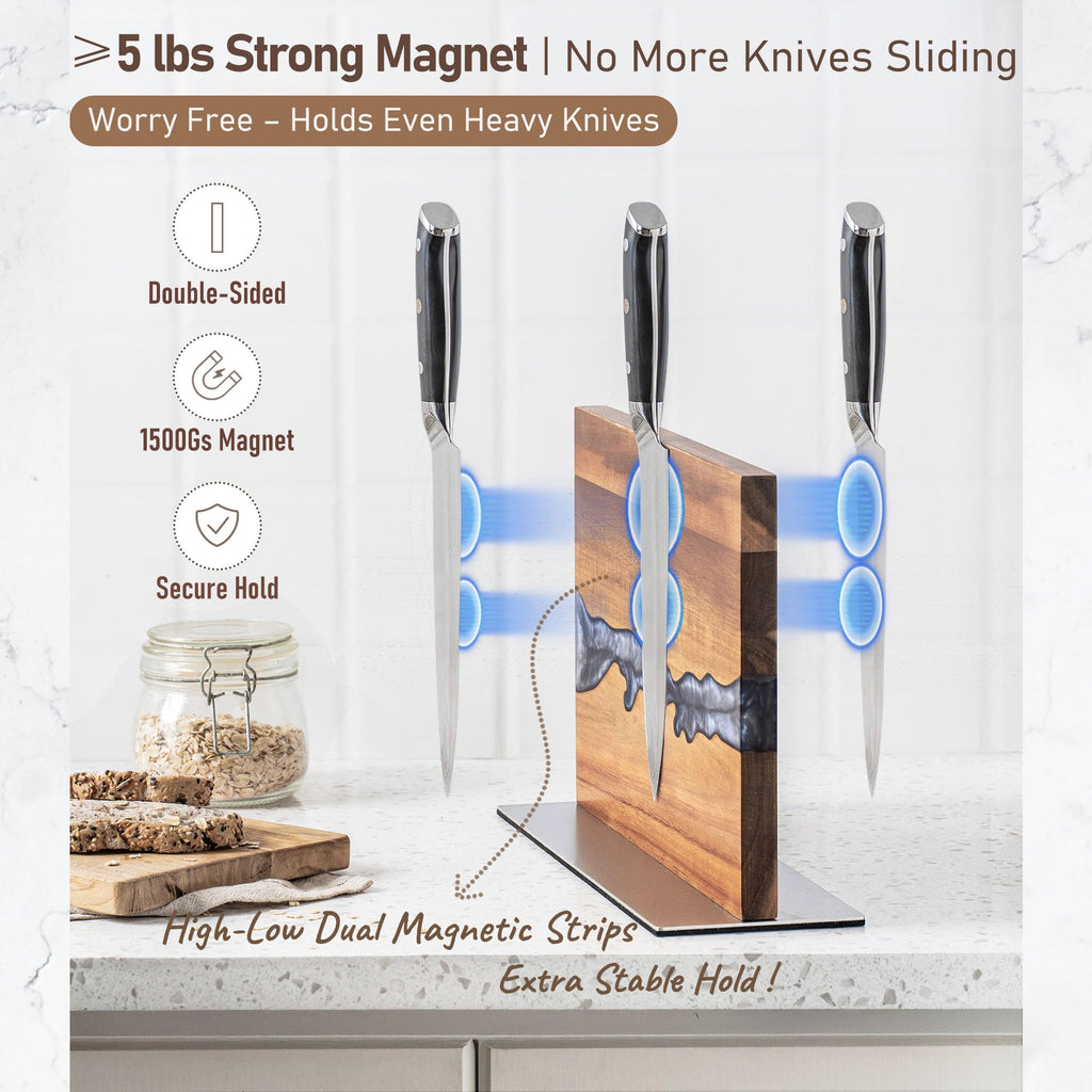 Magnetic Knife Block for Countertop, Strong Magnetic Knife Holder Stand, Acacia Wood & Epoxy Resin Organizer for Kitchen Knives, Gift for Cooks