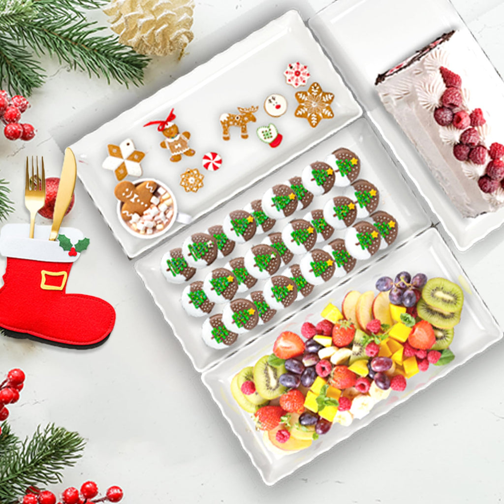 KAQAHIDO 17" x 8" x 1.5" White Serving Tray Set, Wave Edge Melamine Platters for Cookie, Appetizer, Charcuterie, Snack, Dessert, Party Food Display, Stackable, Set of 2